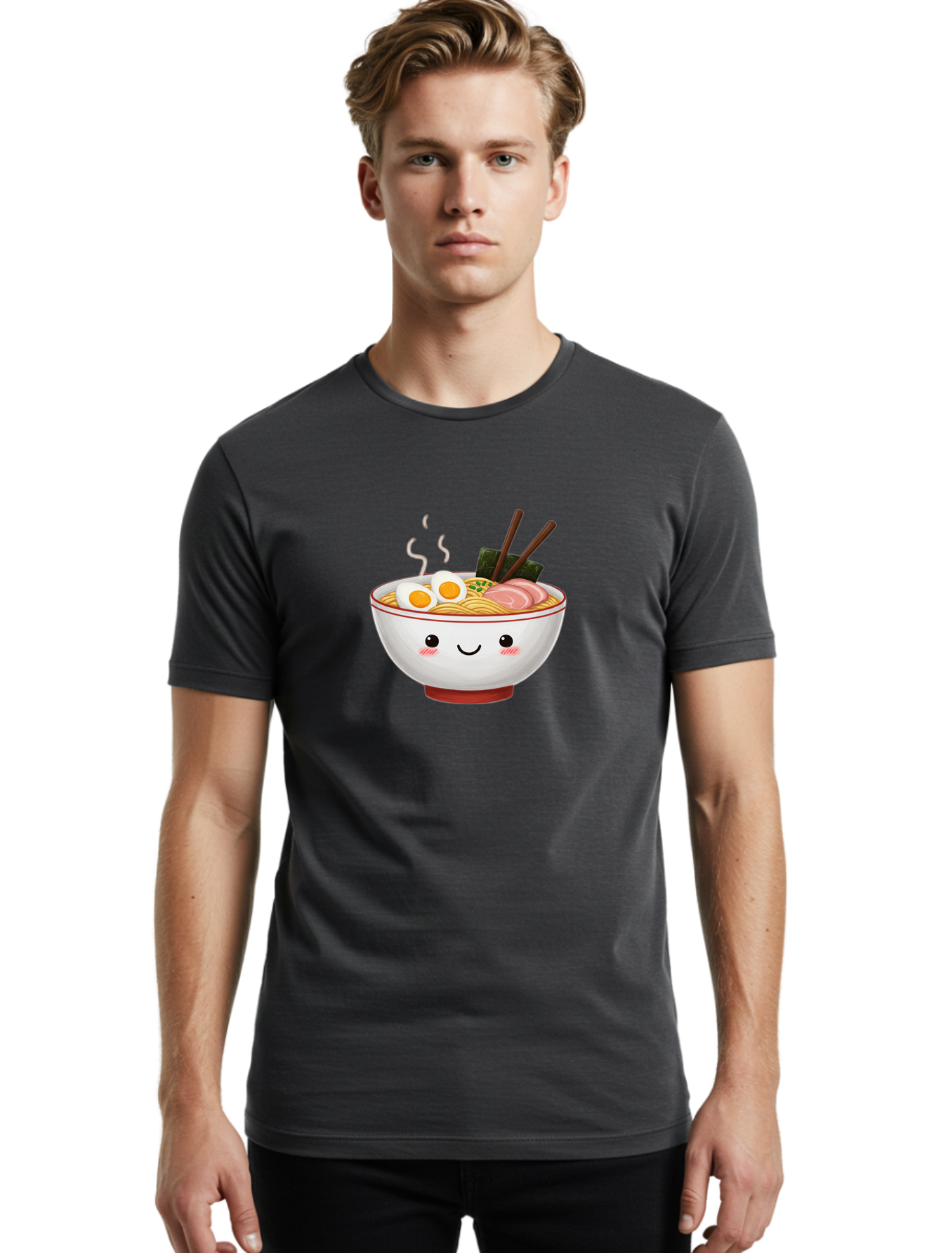 Ramen-2 Men'S Graphic Tee, 100% Cotton, Comfortable Casual Summer Wear, Machine Washable, Steaming Hot Ramen, Cartoon Bowl, Noodles, Eggs, Meat Slices, Seaweed, Chopsticks, Adorable, Kawaii, Japanese Cuisine, Foodie Art, Cute Character Bae699