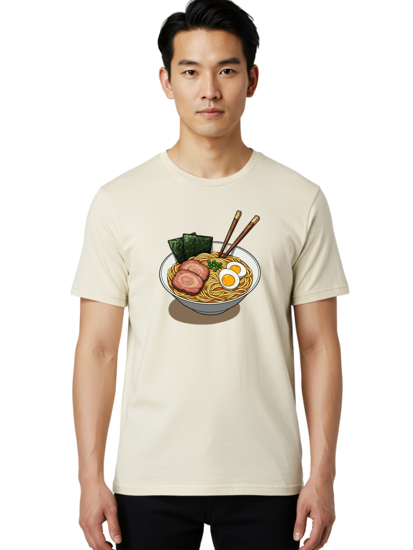 Ramen-3 Men'S Graphic Tee, 100% Cotton, Comfortable Casual Summer Wear, Machine Washable, Ramen Noodles, Sliced Pork, Boiled Egg, Seaweed, Chopsticks, Oriental Cuisine, Japanese Food, Savory Meal, Noodle Soup, Appetizing Dish Bae700
