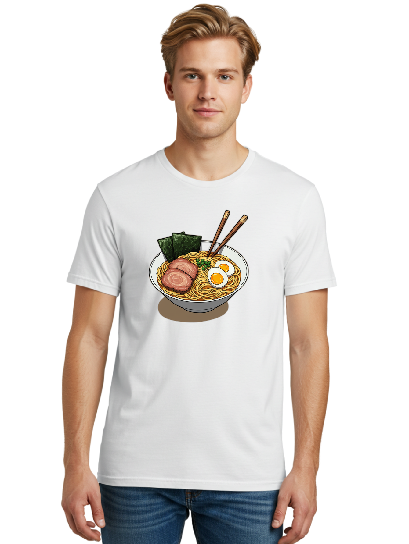 Ramen-3 Men'S Graphic Tee, 100% Cotton, Comfortable Casual Summer Wear, Machine Washable, Ramen Noodles, Sliced Pork, Boiled Egg, Seaweed, Chopsticks, Oriental Cuisine, Japanese Food, Savory Meal, Noodle Soup, Appetizing Dish Bae700