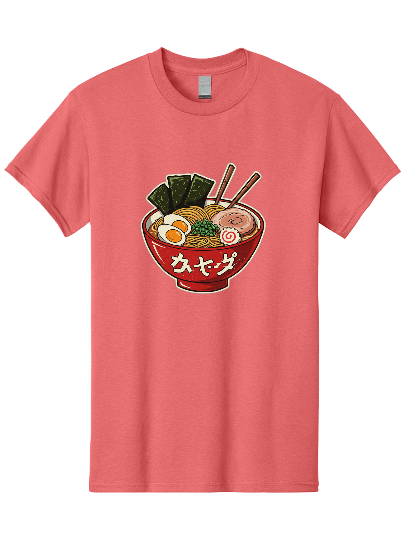 Ramen-4 Men'S Graphic Tee, 100% Cotton, Comfortable Casual Summer Wear, Machine Washable, Japanese Ramen, Noodle Soup, Boiled Egg, Green Peas, Seaweed, Sliced Pork, Chopsticks, Japanese Cuisine, Red Bowl, Katakana Script Bae701