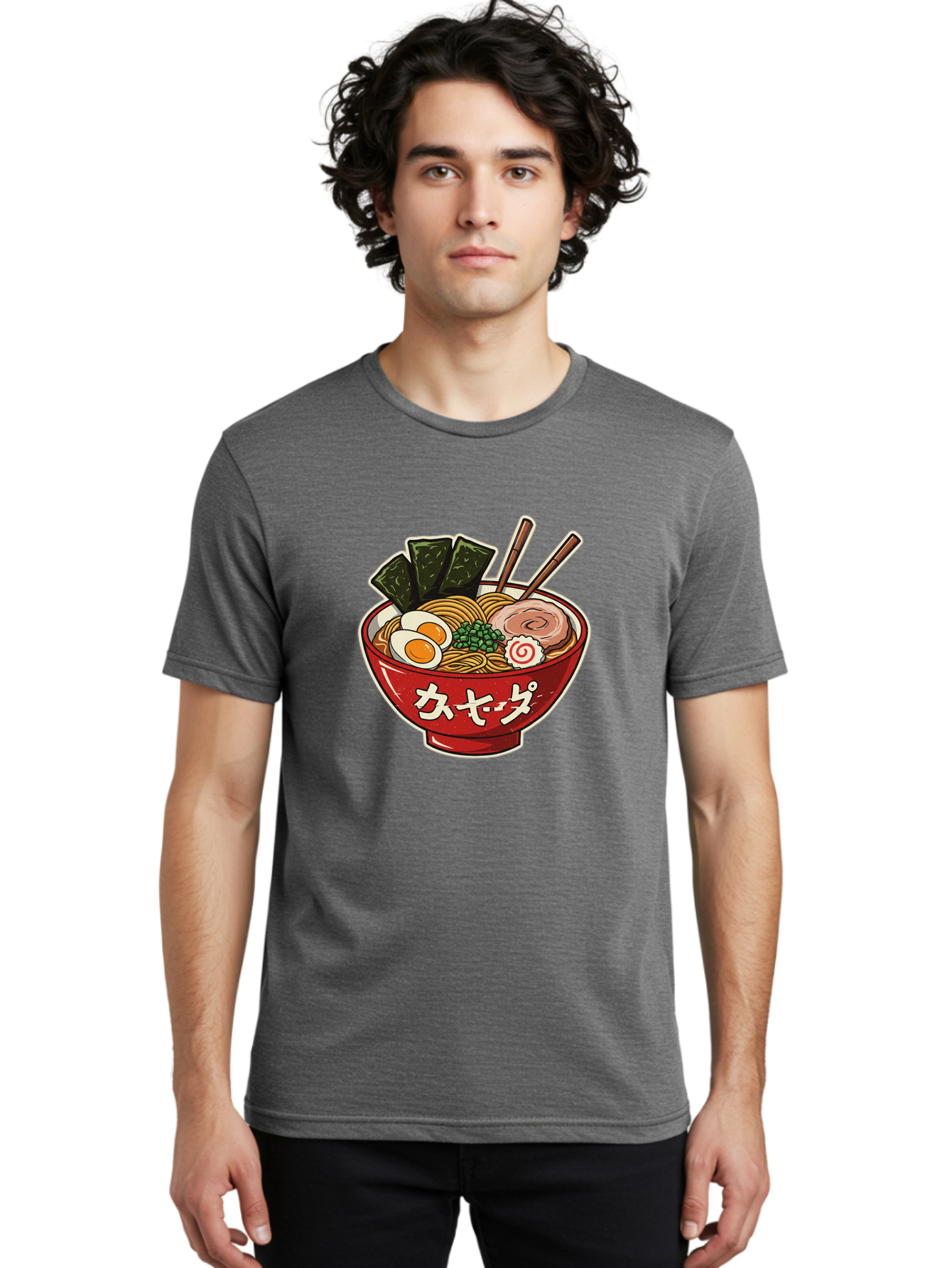 Ramen-4 Men'S Graphic Tee, 100% Cotton, Comfortable Casual Summer Wear, Machine Washable, Japanese Ramen, Noodle Soup, Boiled Egg, Green Peas, Seaweed, Sliced Pork, Chopsticks, Japanese Cuisine, Red Bowl, Katakana Script Bae701