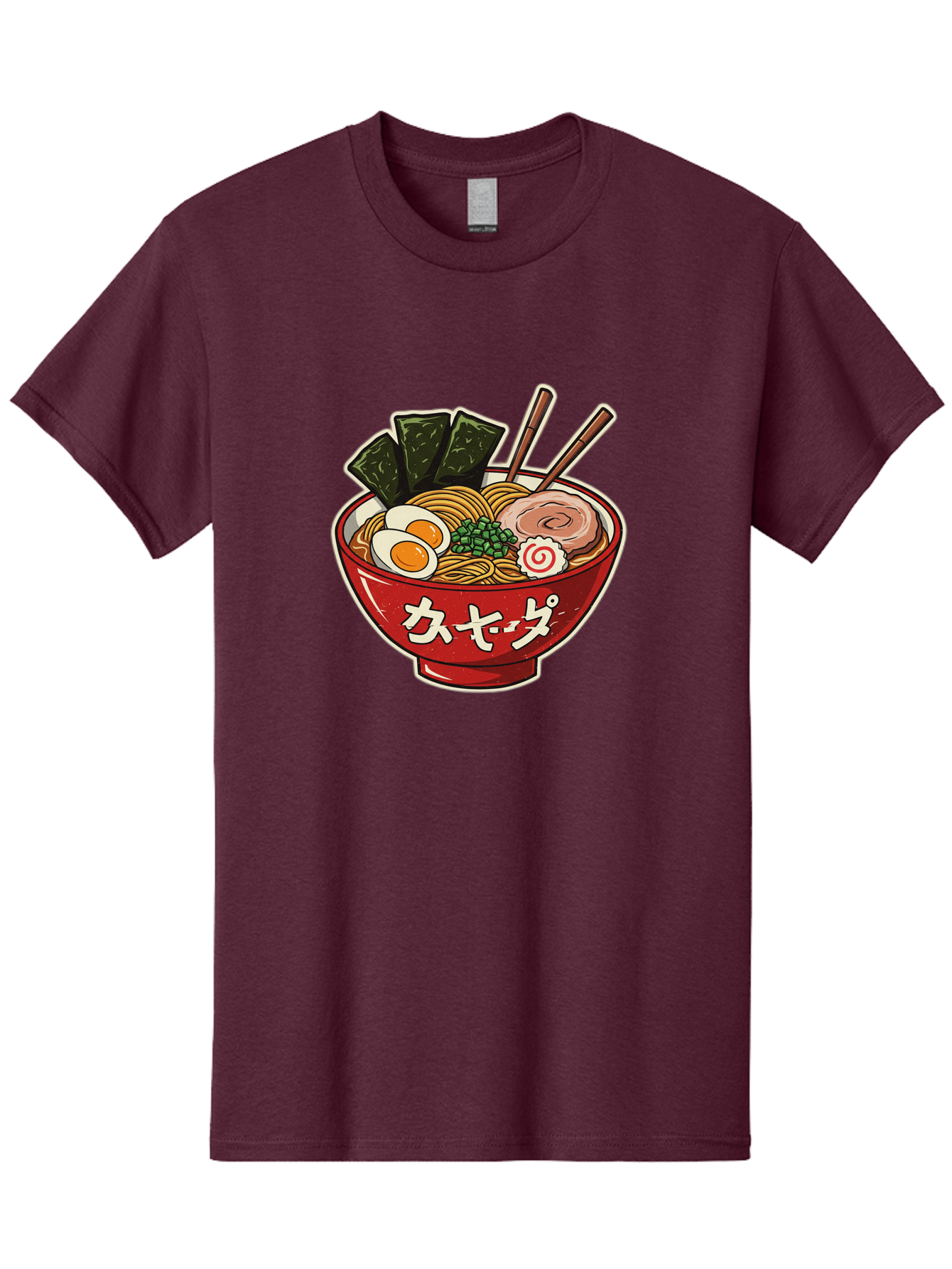 Ramen-4 Men'S Graphic Tee, 100% Cotton, Comfortable Casual Summer Wear, Machine Washable, Japanese Ramen, Noodle Soup, Boiled Egg, Green Peas, Seaweed, Sliced Pork, Chopsticks, Japanese Cuisine, Red Bowl, Katakana Script Bae701