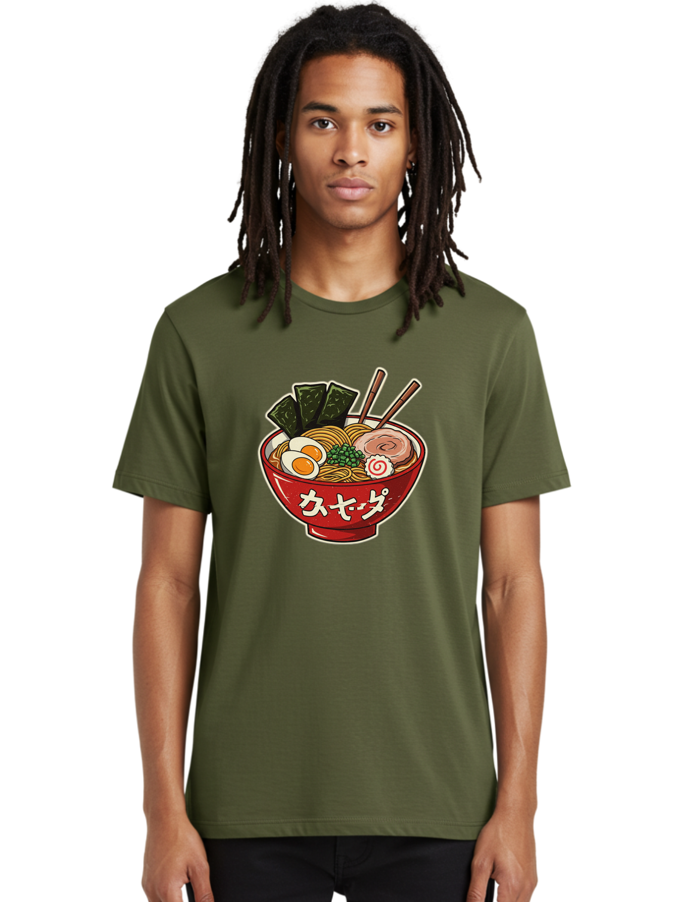 Ramen-4 Men'S Graphic Tee, 100% Cotton, Comfortable Casual Summer Wear, Machine Washable, Japanese Ramen, Noodle Soup, Boiled Egg, Green Peas, Seaweed, Sliced Pork, Chopsticks, Japanese Cuisine, Red Bowl, Katakana Script Bae701