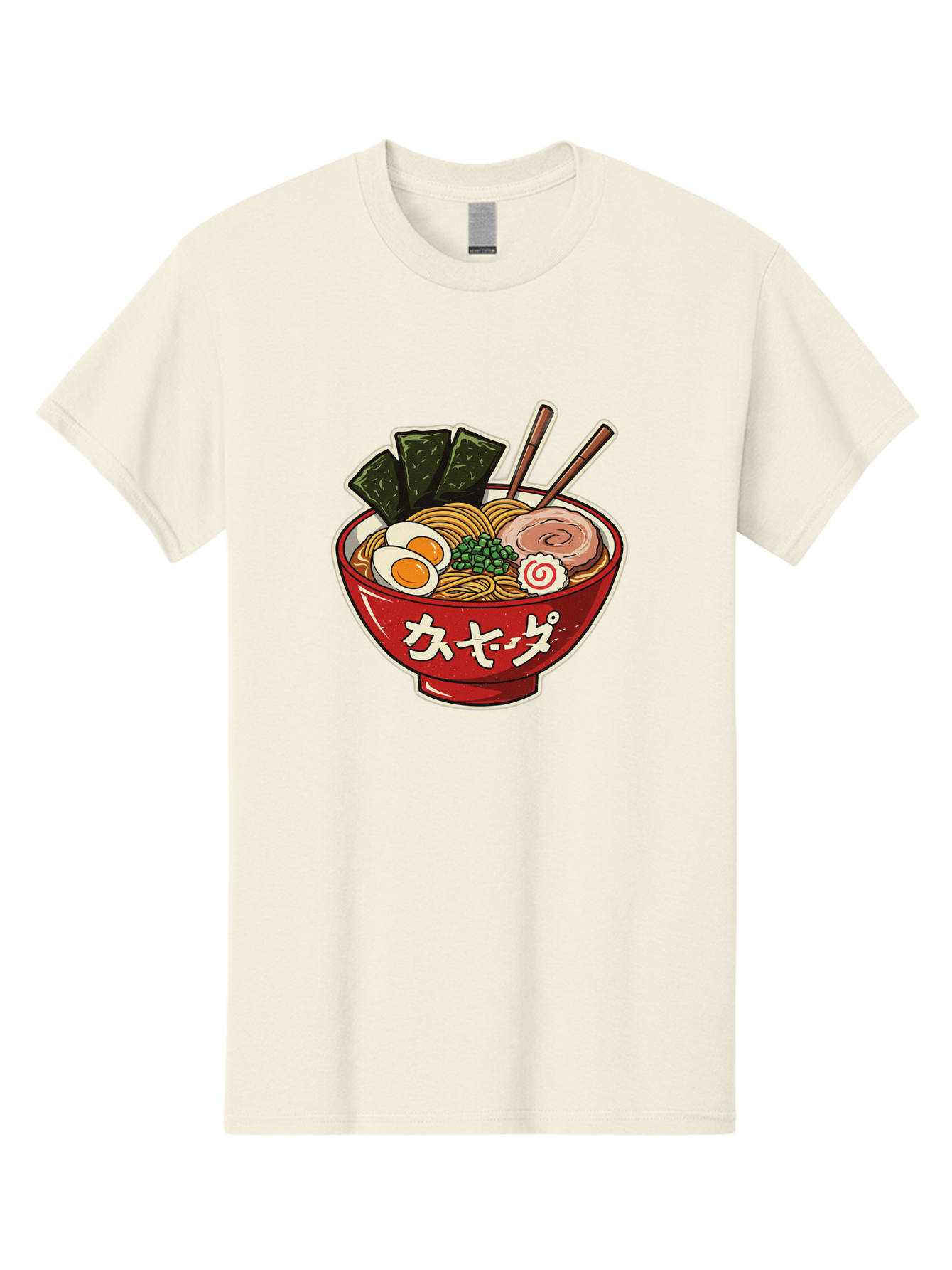 Ramen-4 Men'S Graphic Tee, 100% Cotton, Comfortable Casual Summer Wear, Machine Washable, Japanese Ramen, Noodle Soup, Boiled Egg, Green Peas, Seaweed, Sliced Pork, Chopsticks, Japanese Cuisine, Red Bowl, Katakana Script Bae701