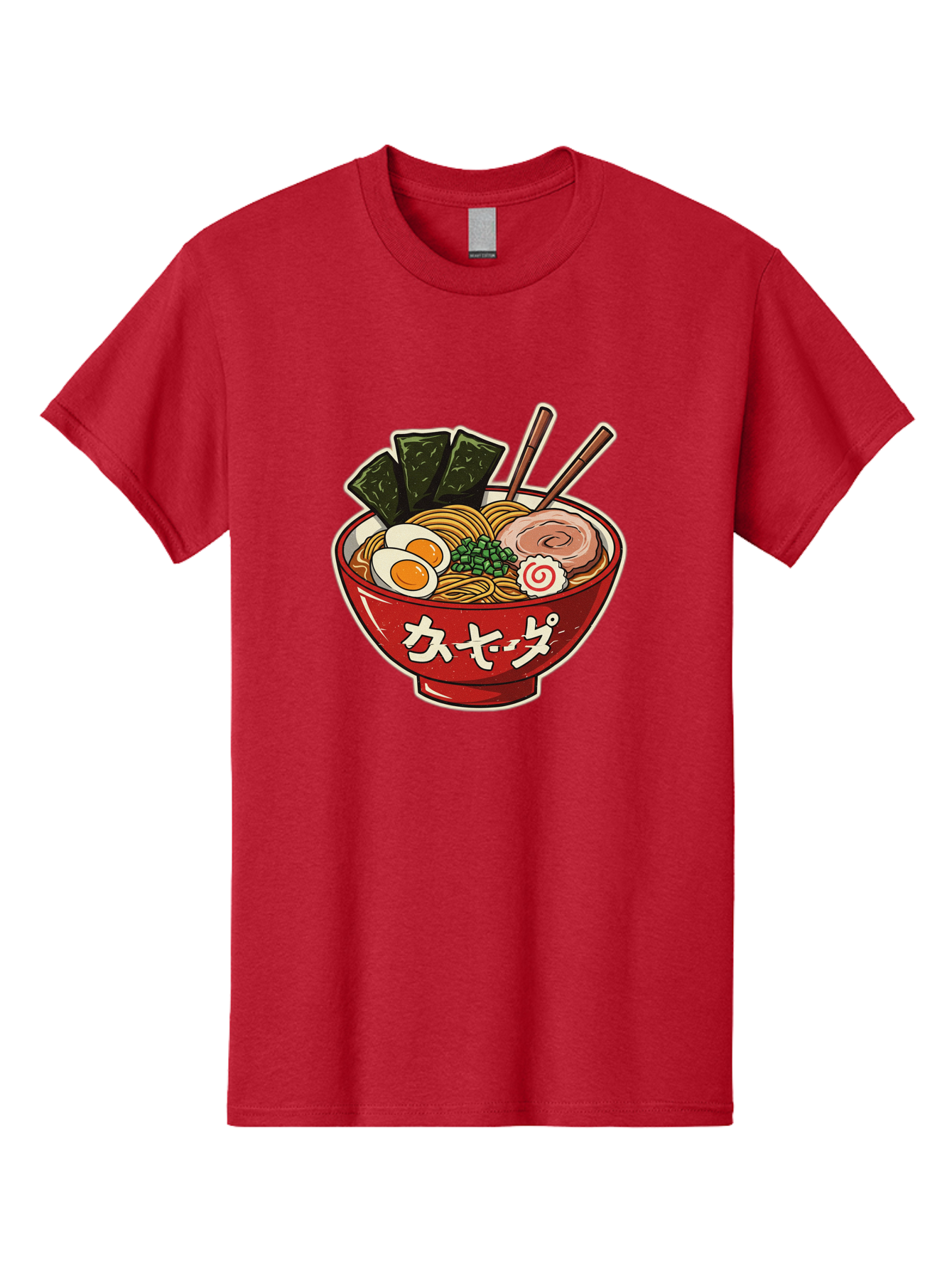 Ramen-4 Men'S Graphic Tee, 100% Cotton, Comfortable Casual Summer Wear, Machine Washable, Japanese Ramen, Noodle Soup, Boiled Egg, Green Peas, Seaweed, Sliced Pork, Chopsticks, Japanese Cuisine, Red Bowl, Katakana Script Bae701