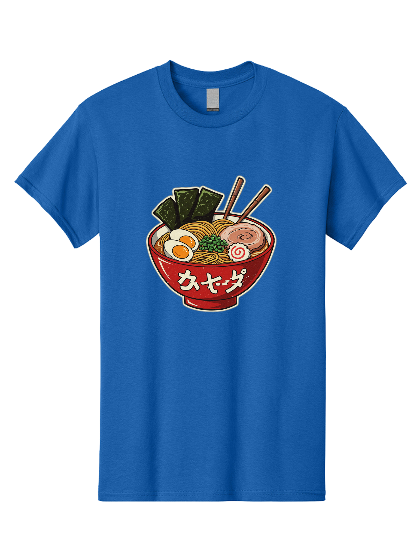 Ramen-4 Men'S Graphic Tee, 100% Cotton, Comfortable Casual Summer Wear, Machine Washable, Japanese Ramen, Noodle Soup, Boiled Egg, Green Peas, Seaweed, Sliced Pork, Chopsticks, Japanese Cuisine, Red Bowl, Katakana Script Bae701