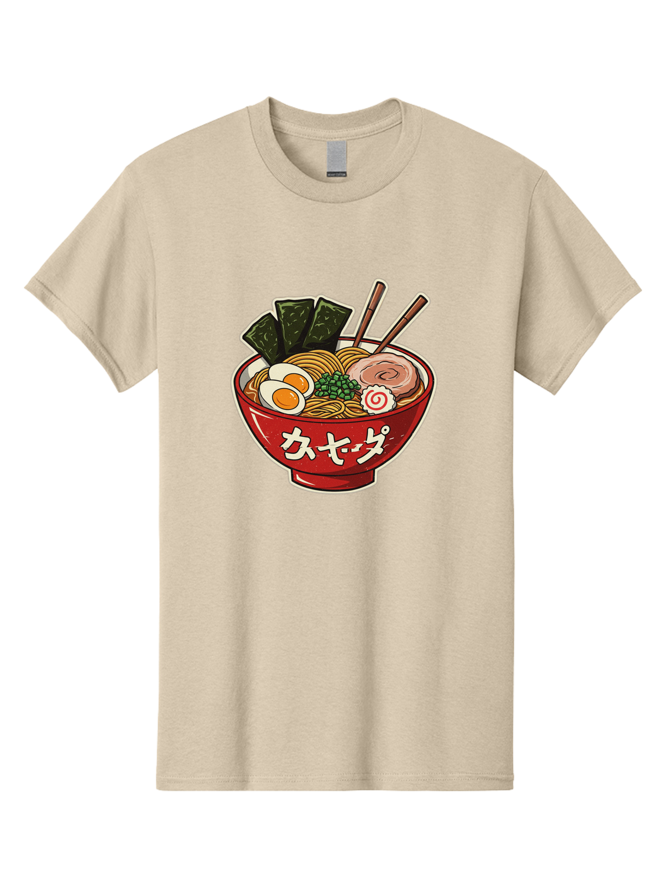Ramen-4 Men'S Graphic Tee, 100% Cotton, Comfortable Casual Summer Wear, Machine Washable, Japanese Ramen, Noodle Soup, Boiled Egg, Green Peas, Seaweed, Sliced Pork, Chopsticks, Japanese Cuisine, Red Bowl, Katakana Script Bae701