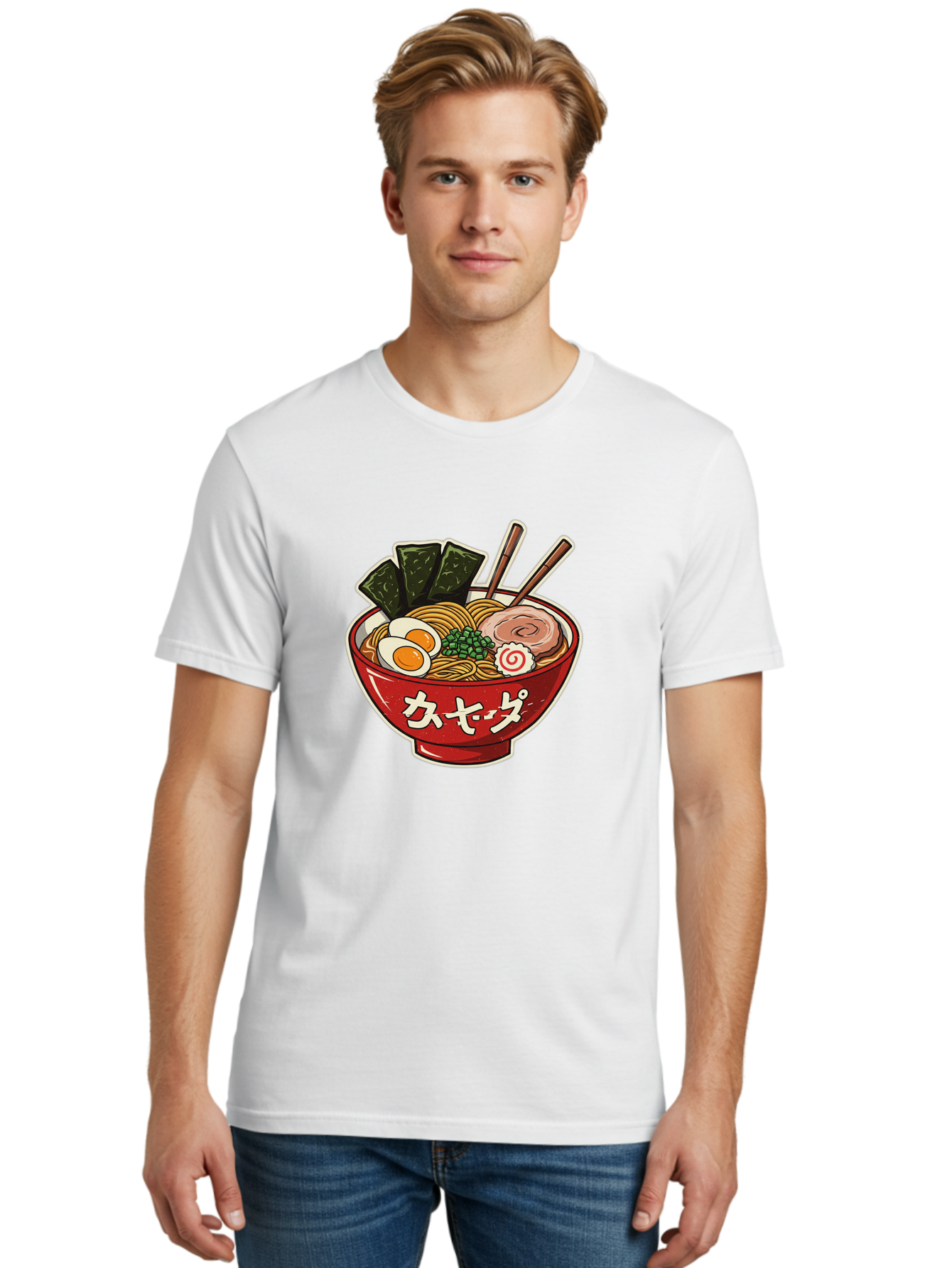 Ramen-4 Men'S Graphic Tee, 100% Cotton, Comfortable Casual Summer Wear, Machine Washable, Japanese Ramen, Noodle Soup, Boiled Egg, Green Peas, Seaweed, Sliced Pork, Chopsticks, Japanese Cuisine, Red Bowl, Katakana Script Bae701