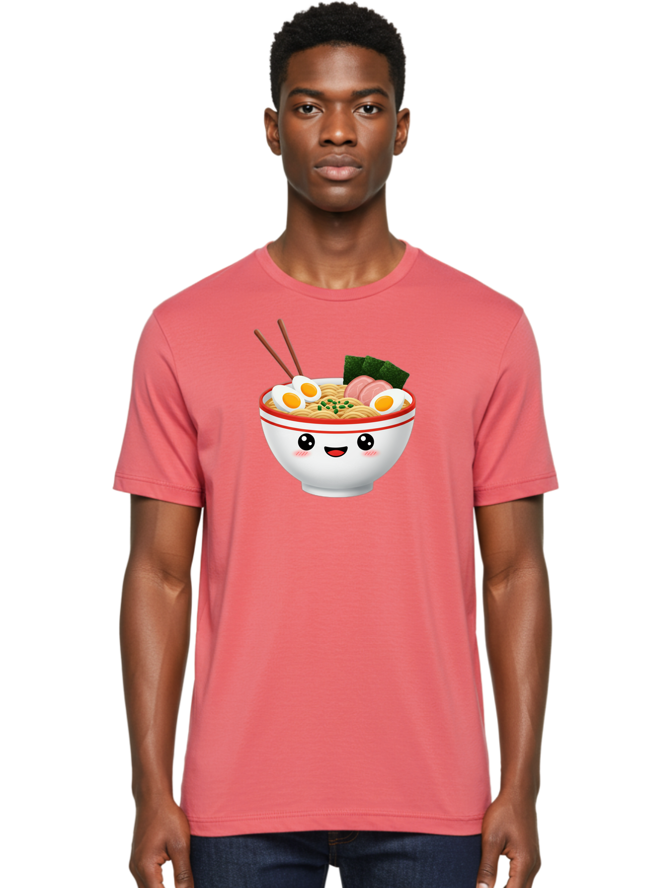 Ramen-Bowl-1 Men'S Graphic Tee, 100% Cotton, Comfortable Casual Summer Wear, Machine Washable, Cartoon Ramen Bowl, Steaming Hot Ramen, Boiled Egg, Sliced Ham, Seaweed, Chopsticks, Kawaii Food, Japanese Cuisine, Noodle Soup, Anime Style, Bae706