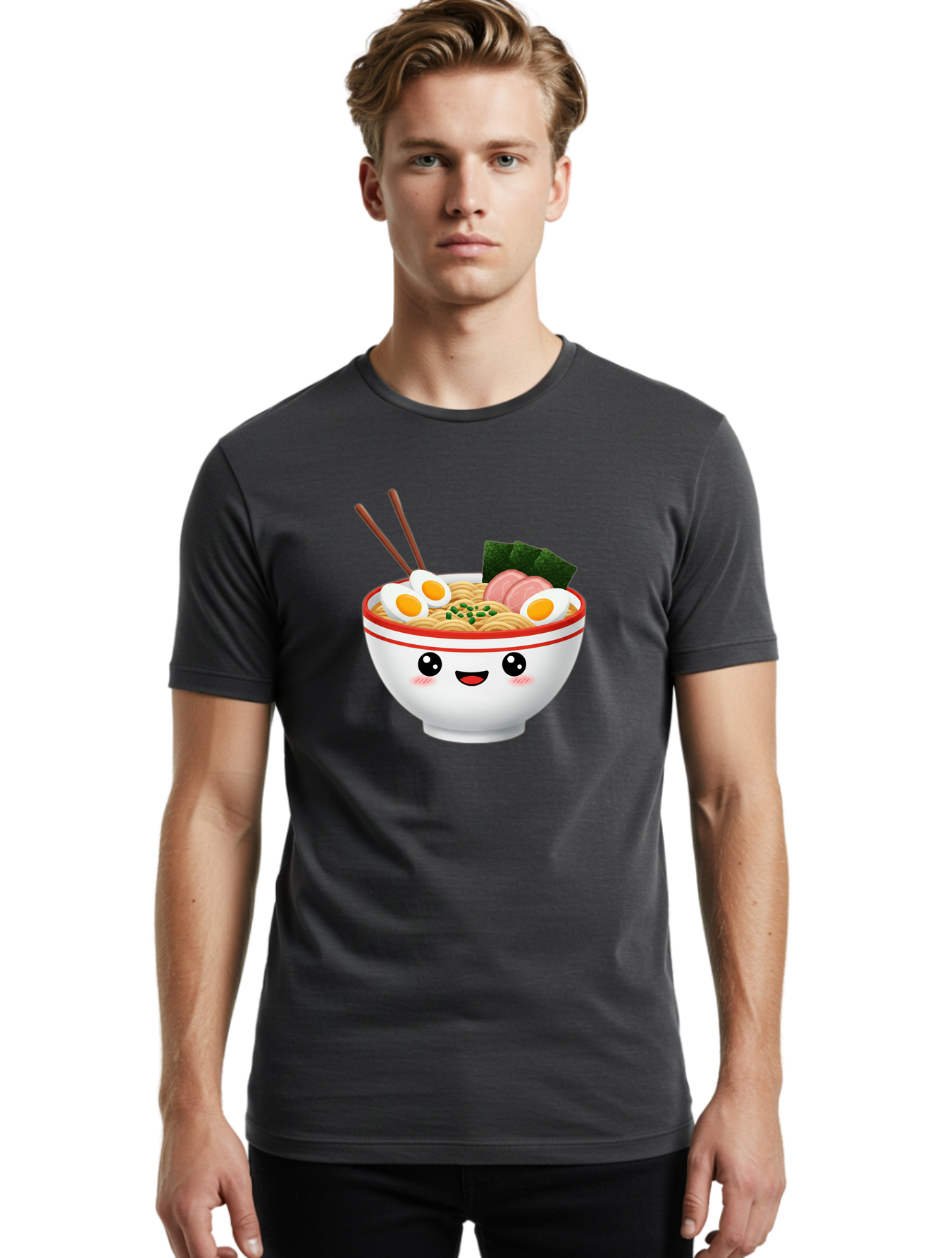 Ramen-Bowl-1 Men'S Graphic Tee, 100% Cotton, Comfortable Casual Summer Wear, Machine Washable, Cartoon Ramen Bowl, Steaming Hot Ramen, Boiled Egg, Sliced Ham, Seaweed, Chopsticks, Kawaii Food, Japanese Cuisine, Noodle Soup, Anime Style, Bae706