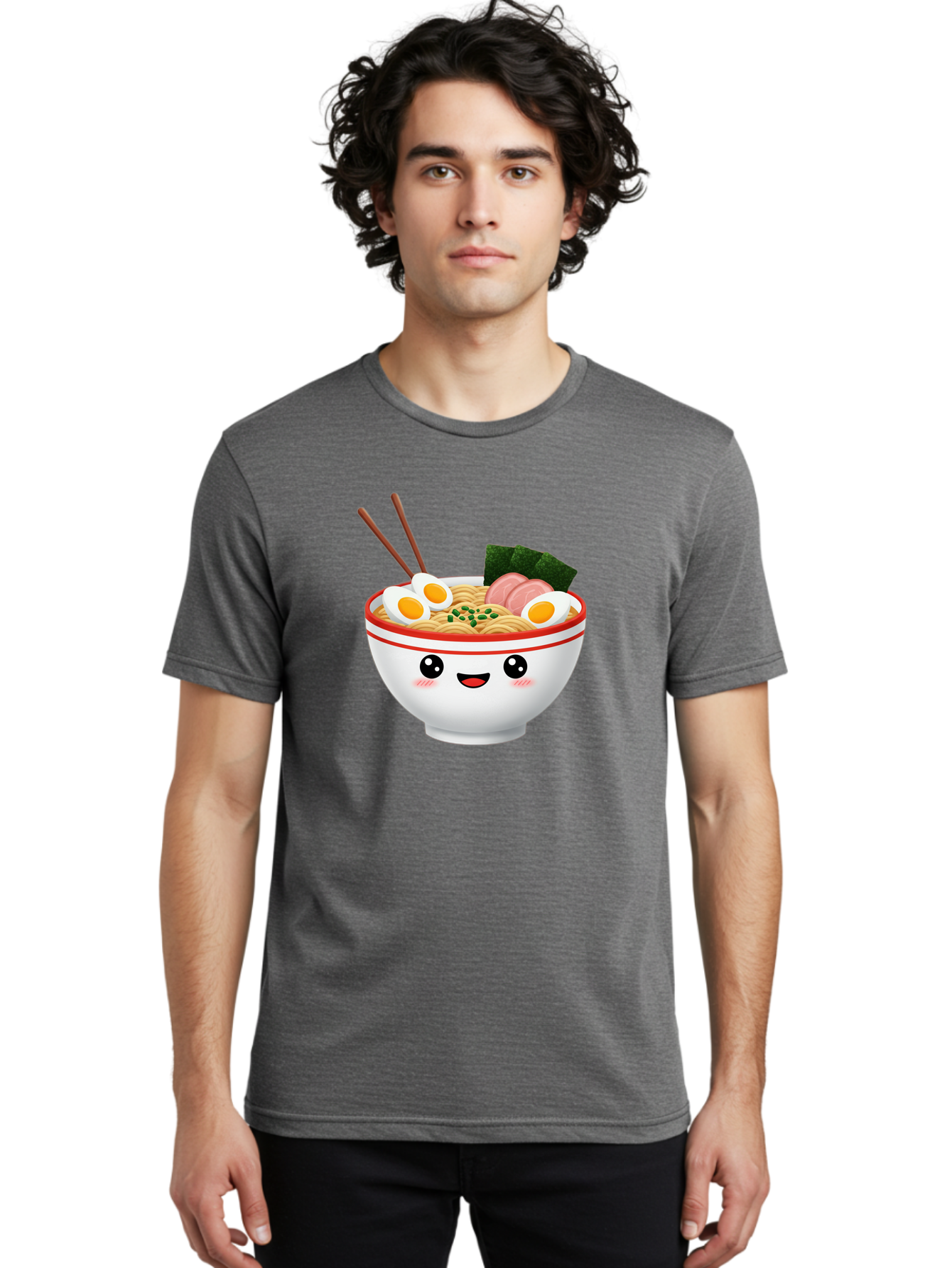 Ramen-Bowl-1 Men'S Graphic Tee, 100% Cotton, Comfortable Casual Summer Wear, Machine Washable, Cartoon Ramen Bowl, Steaming Hot Ramen, Boiled Egg, Sliced Ham, Seaweed, Chopsticks, Kawaii Food, Japanese Cuisine, Noodle Soup, Anime Style, Bae706