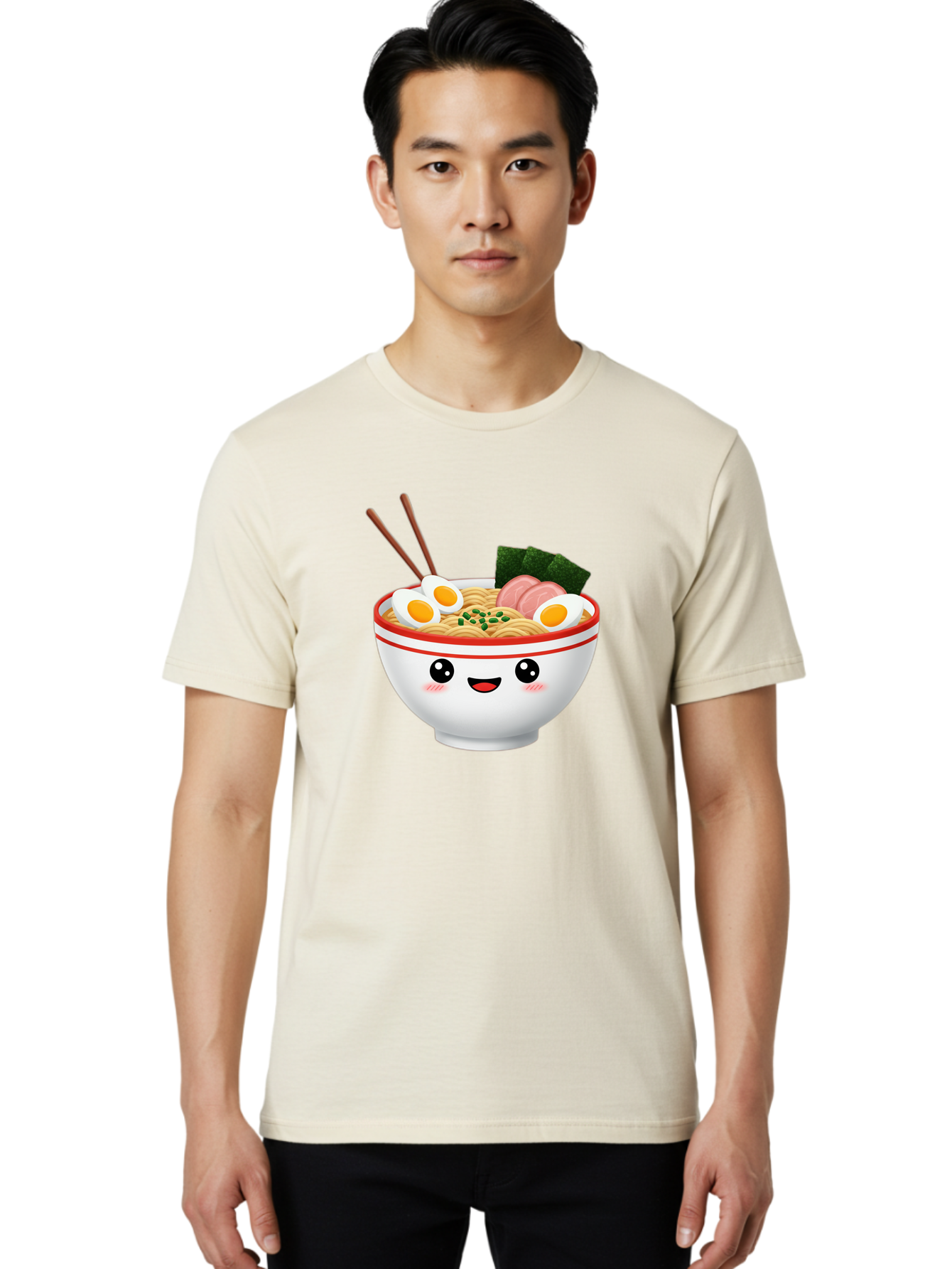 Ramen-Bowl-1 Men'S Graphic Tee, 100% Cotton, Comfortable Casual Summer Wear, Machine Washable, Cartoon Ramen Bowl, Steaming Hot Ramen, Boiled Egg, Sliced Ham, Seaweed, Chopsticks, Kawaii Food, Japanese Cuisine, Noodle Soup, Anime Style, Bae706