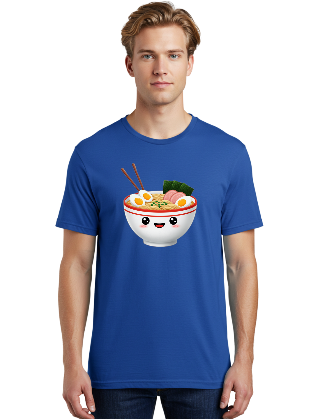 Ramen-Bowl-1 Men'S Graphic Tee, 100% Cotton, Comfortable Casual Summer Wear, Machine Washable, Cartoon Ramen Bowl, Steaming Hot Ramen, Boiled Egg, Sliced Ham, Seaweed, Chopsticks, Kawaii Food, Japanese Cuisine, Noodle Soup, Anime Style, Bae706