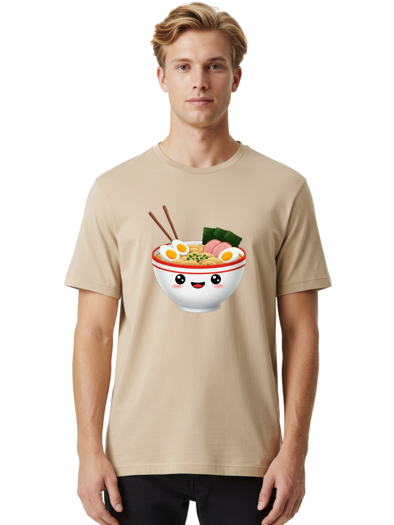Ramen-Bowl-1 Men'S Graphic Tee, 100% Cotton, Comfortable Casual Summer Wear, Machine Washable, Cartoon Ramen Bowl, Steaming Hot Ramen, Boiled Egg, Sliced Ham, Seaweed, Chopsticks, Kawaii Food, Japanese Cuisine, Noodle Soup, Anime Style, Bae706