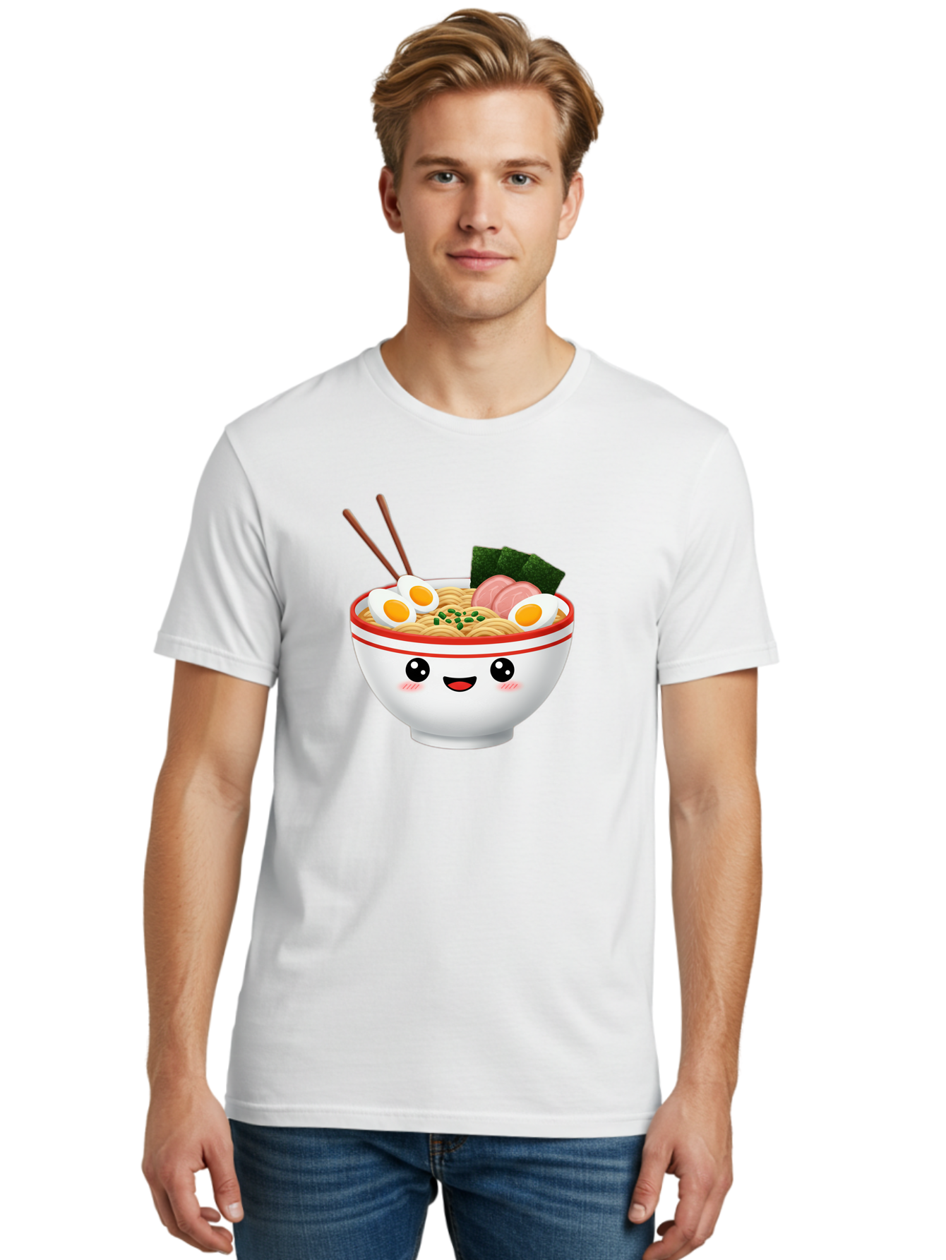 Ramen-Bowl-1 Men'S Graphic Tee, 100% Cotton, Comfortable Casual Summer Wear, Machine Washable, Cartoon Ramen Bowl, Steaming Hot Ramen, Boiled Egg, Sliced Ham, Seaweed, Chopsticks, Kawaii Food, Japanese Cuisine, Noodle Soup, Anime Style, Bae706