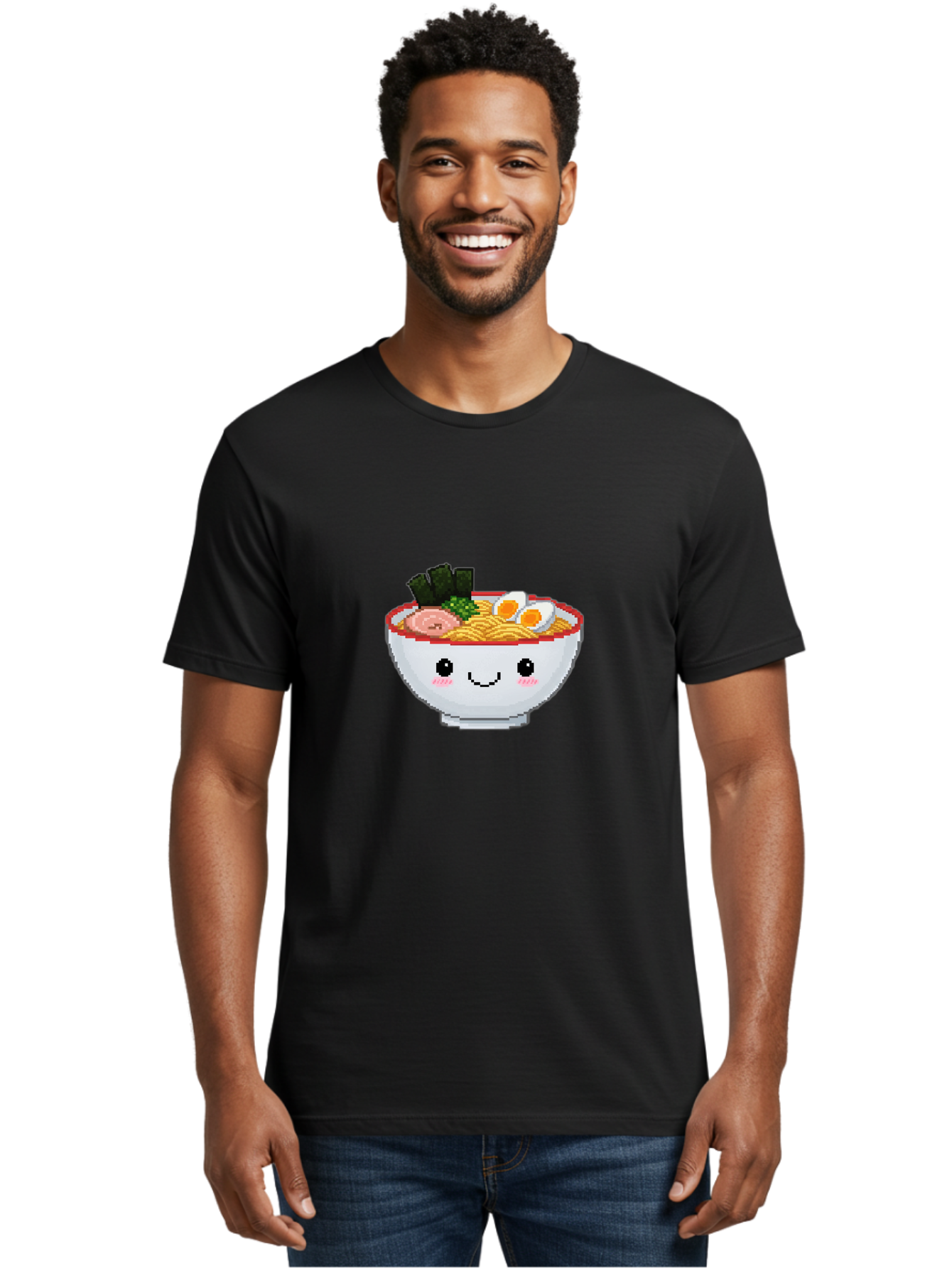 Ramen-Bowl-2 Men'S Graphic Tee, 100% Cotton, Comfortable Casual Summer Wear, Machine Washable, Delicious Ramen, Kawaii Food, Cartoon Noodle Bowl, Tasty Meal, Sliced Egg, Seaweed, Pink Ham, Smiling Bowl, Pixel Art, Noodle Soup Bae707