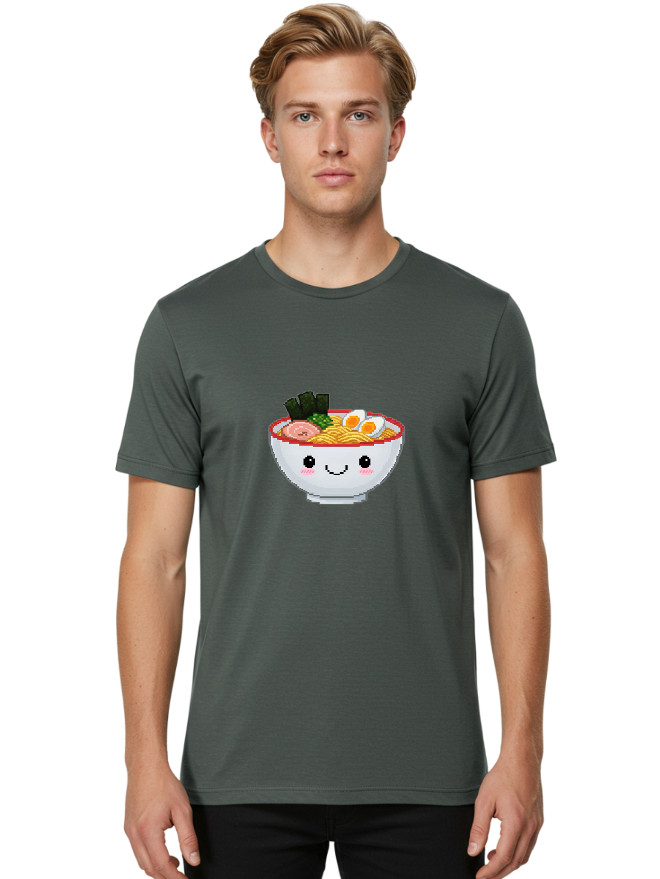 Ramen-Bowl-2 Men'S Graphic Tee, 100% Cotton, Comfortable Casual Summer Wear, Machine Washable, Delicious Ramen, Kawaii Food, Cartoon Noodle Bowl, Tasty Meal, Sliced Egg, Seaweed, Pink Ham, Smiling Bowl, Pixel Art, Noodle Soup Bae707