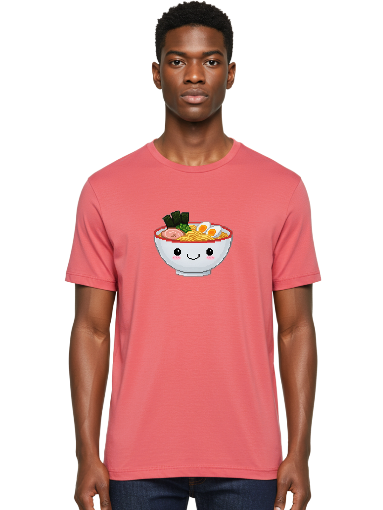 Ramen-Bowl-2 Men'S Graphic Tee, 100% Cotton, Comfortable Casual Summer Wear, Machine Washable, Delicious Ramen, Kawaii Food, Cartoon Noodle Bowl, Tasty Meal, Sliced Egg, Seaweed, Pink Ham, Smiling Bowl, Pixel Art, Noodle Soup Bae707