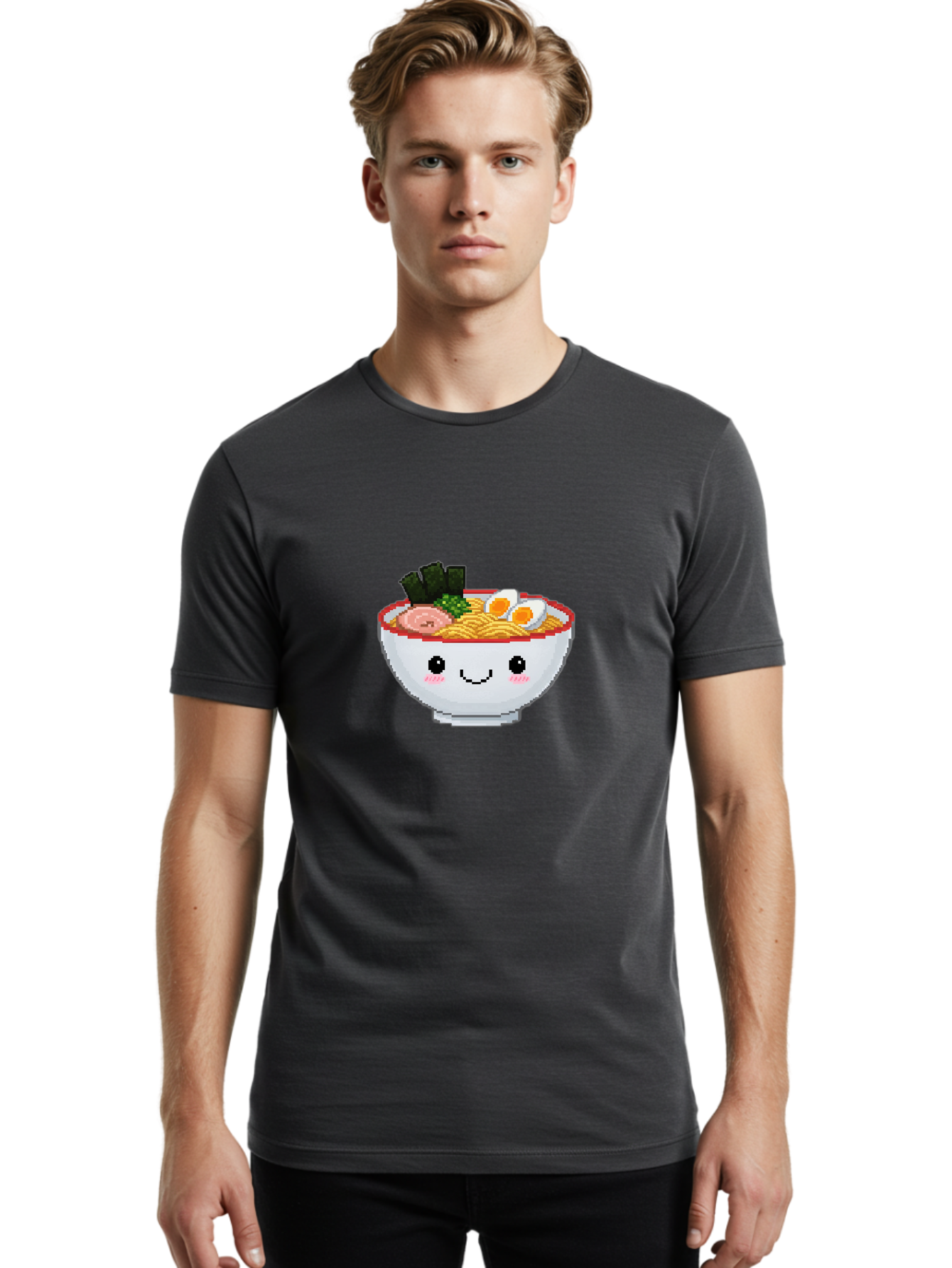 Ramen-Bowl-2 Men'S Graphic Tee, 100% Cotton, Comfortable Casual Summer Wear, Machine Washable, Delicious Ramen, Kawaii Food, Cartoon Noodle Bowl, Tasty Meal, Sliced Egg, Seaweed, Pink Ham, Smiling Bowl, Pixel Art, Noodle Soup Bae707