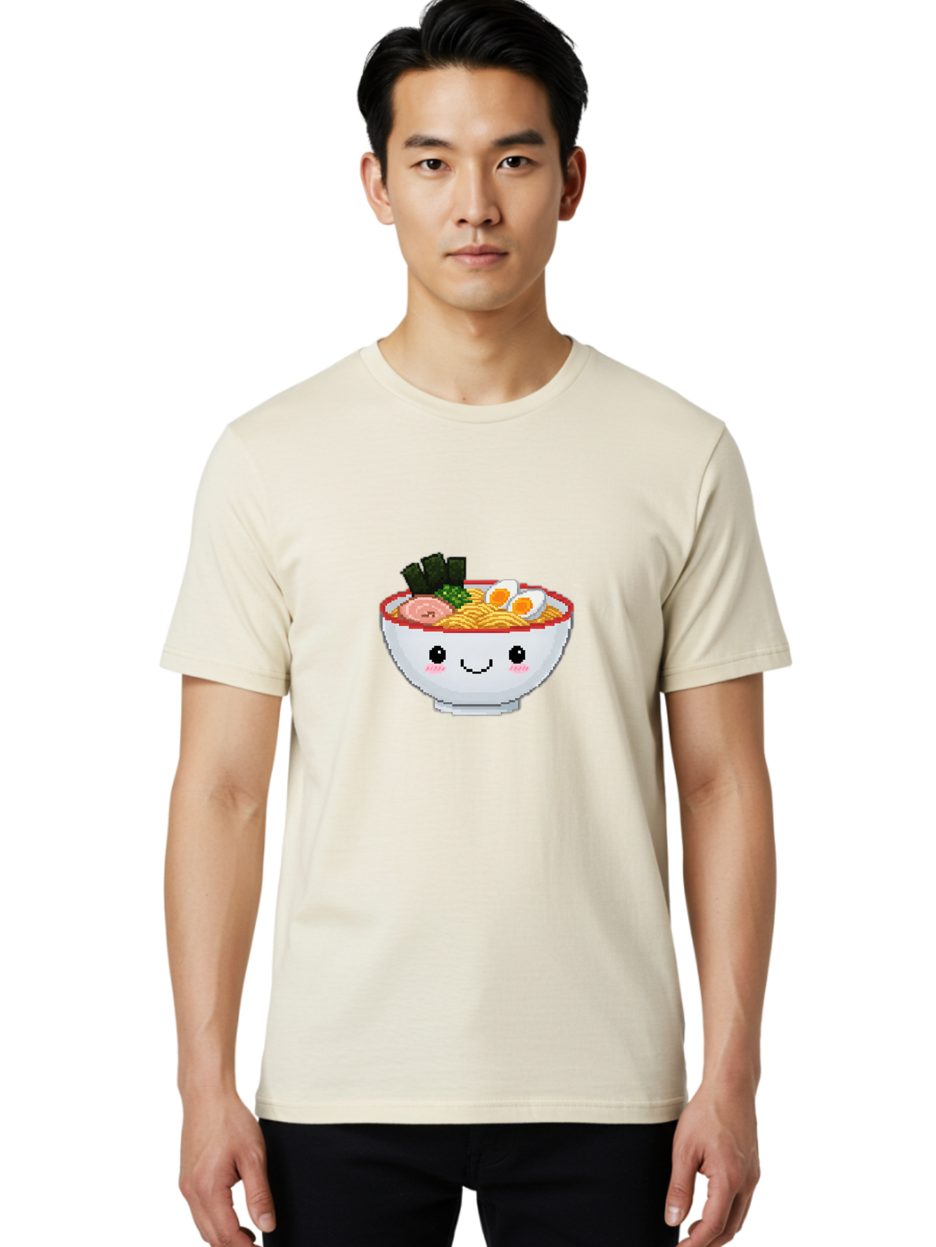 Ramen-Bowl-2 Men'S Graphic Tee, 100% Cotton, Comfortable Casual Summer Wear, Machine Washable, Delicious Ramen, Kawaii Food, Cartoon Noodle Bowl, Tasty Meal, Sliced Egg, Seaweed, Pink Ham, Smiling Bowl, Pixel Art, Noodle Soup Bae707