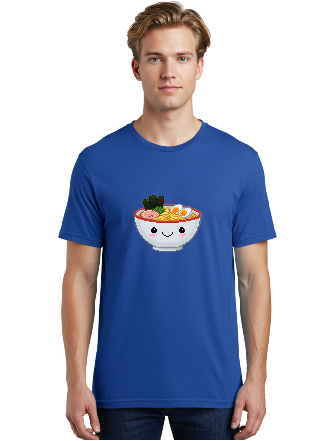 Ramen-Bowl-2 Men'S Graphic Tee, 100% Cotton, Comfortable Casual Summer Wear, Machine Washable, Delicious Ramen, Kawaii Food, Cartoon Noodle Bowl, Tasty Meal, Sliced Egg, Seaweed, Pink Ham, Smiling Bowl, Pixel Art, Noodle Soup Bae707