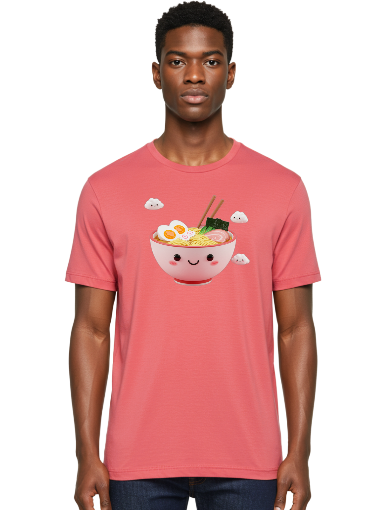 Ramen-Bowl-3 Men'S Graphic Tee, 100% Cotton, Comfortable Casual Summer Wear, Machine Washable, Steaming Hot Ramen, Kawaii Bowl, Cartoon Noodle Soup, Smiling Bowl, Boiled Egg, Sliced Pork, Seaweed, Chopsticks, Fish Cakes, Playful, Bae708