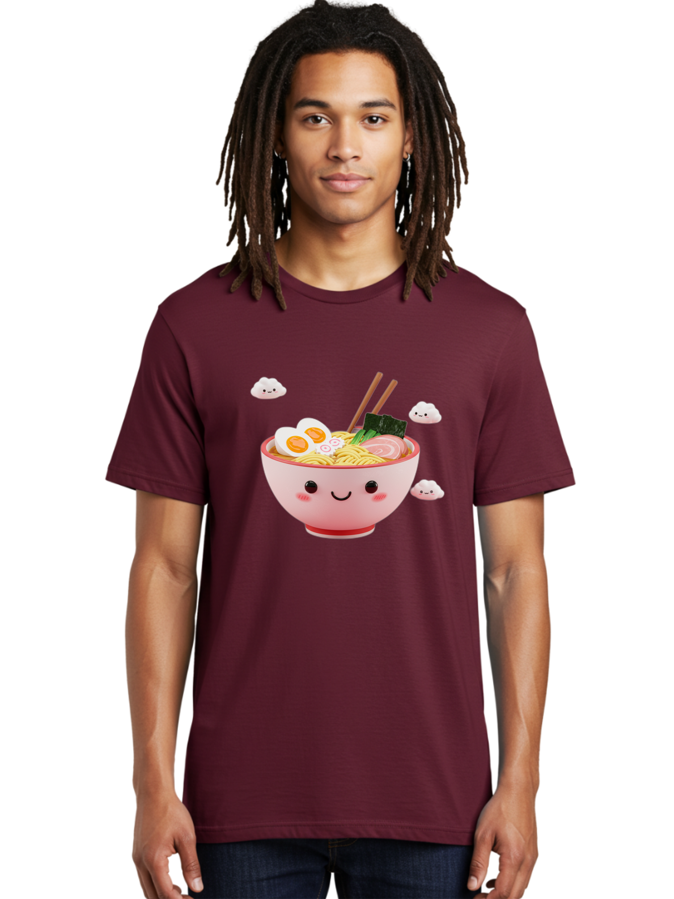 Ramen-Bowl-3 Men'S Graphic Tee, 100% Cotton, Comfortable Casual Summer Wear, Machine Washable, Steaming Hot Ramen, Kawaii Bowl, Cartoon Noodle Soup, Smiling Bowl, Boiled Egg, Sliced Pork, Seaweed, Chopsticks, Fish Cakes, Playful, Bae708