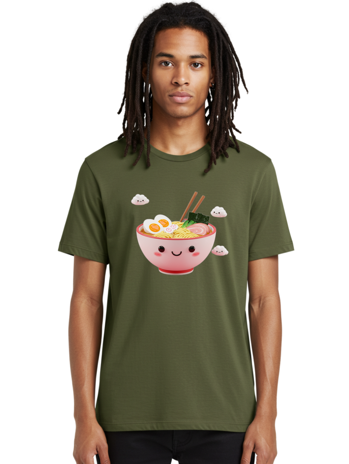 Ramen-Bowl-3 Men'S Graphic Tee, 100% Cotton, Comfortable Casual Summer Wear, Machine Washable, Steaming Hot Ramen, Kawaii Bowl, Cartoon Noodle Soup, Smiling Bowl, Boiled Egg, Sliced Pork, Seaweed, Chopsticks, Fish Cakes, Playful, Bae708