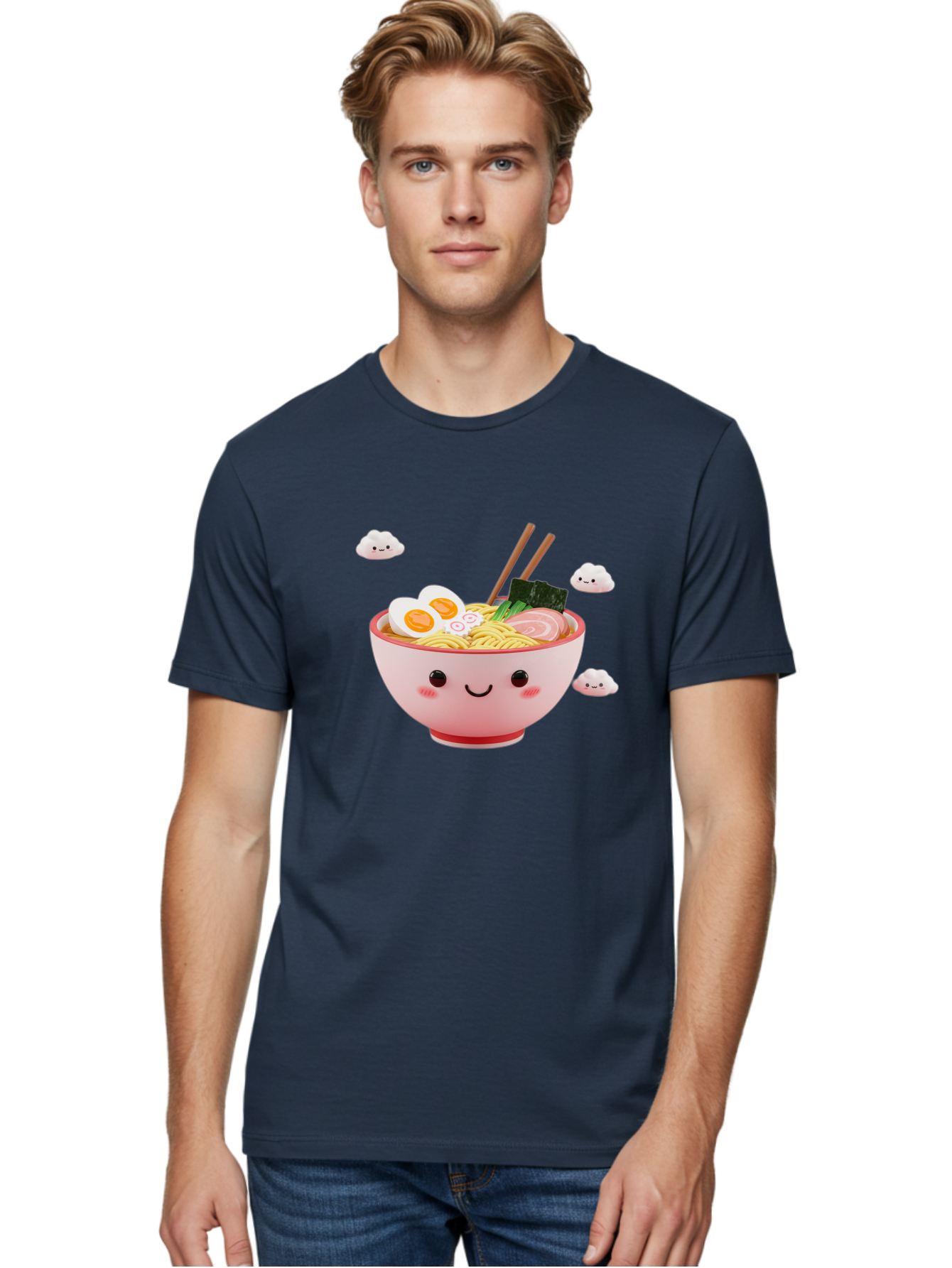Ramen-Bowl-3 Men'S Graphic Tee, 100% Cotton, Comfortable Casual Summer Wear, Machine Washable, Steaming Hot Ramen, Kawaii Bowl, Cartoon Noodle Soup, Smiling Bowl, Boiled Egg, Sliced Pork, Seaweed, Chopsticks, Fish Cakes, Playful, Bae708
