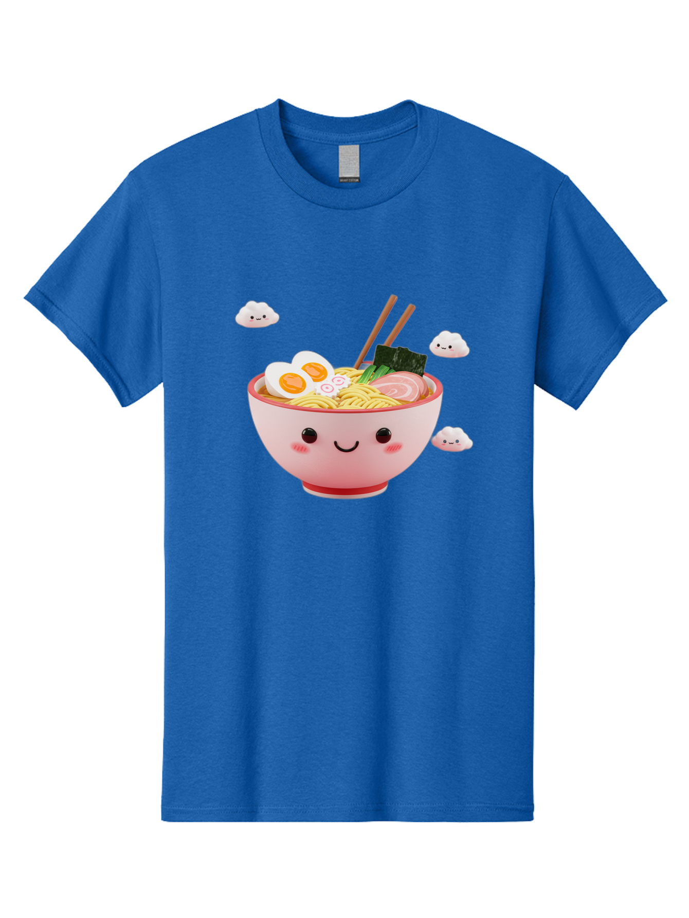 Ramen-Bowl-3 Men'S Graphic Tee, 100% Cotton, Comfortable Casual Summer Wear, Machine Washable, Steaming Hot Ramen, Kawaii Bowl, Cartoon Noodle Soup, Smiling Bowl, Boiled Egg, Sliced Pork, Seaweed, Chopsticks, Fish Cakes, Playful, Bae708