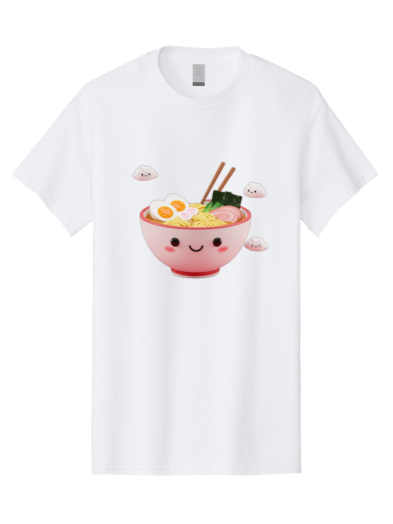 Ramen-Bowl-3 Men'S Graphic Tee, 100% Cotton, Comfortable Casual Summer Wear, Machine Washable, Steaming Hot Ramen, Kawaii Bowl, Cartoon Noodle Soup, Smiling Bowl, Boiled Egg, Sliced Pork, Seaweed, Chopsticks, Fish Cakes, Playful, Bae708