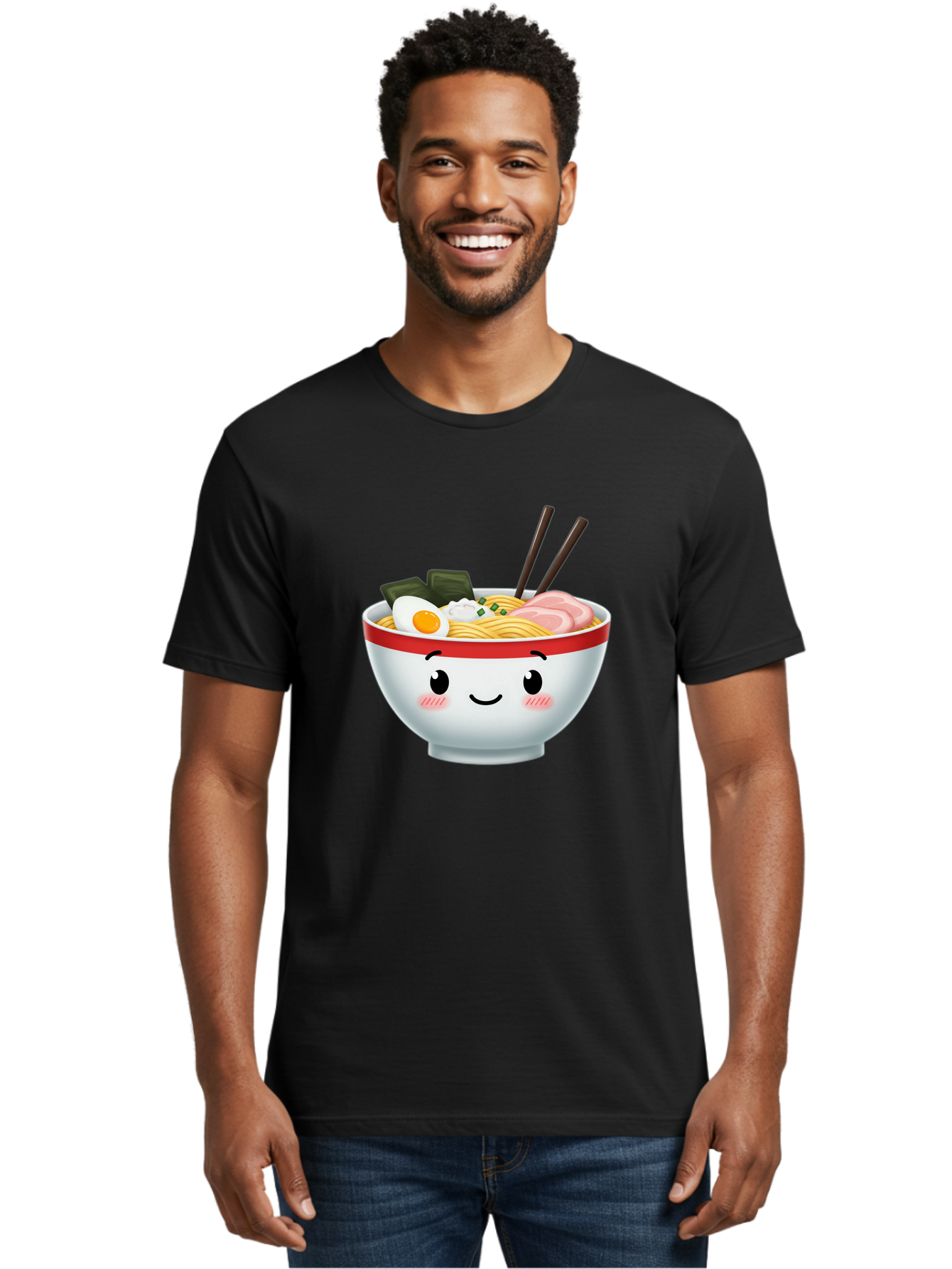 Ramen-Bowl-4 Men'S Graphic Tee, 100% Cotton, Comfortable Casual Summer Wear, Machine Washable, Japanese Ramen, Steaming Hot Noodles, Boiled Egg, Seaweed, Pork Slices, Chopsticks, Kawaii Cartoon, Foodie, Tasty Meal, Delicious Cuisine, Bae709