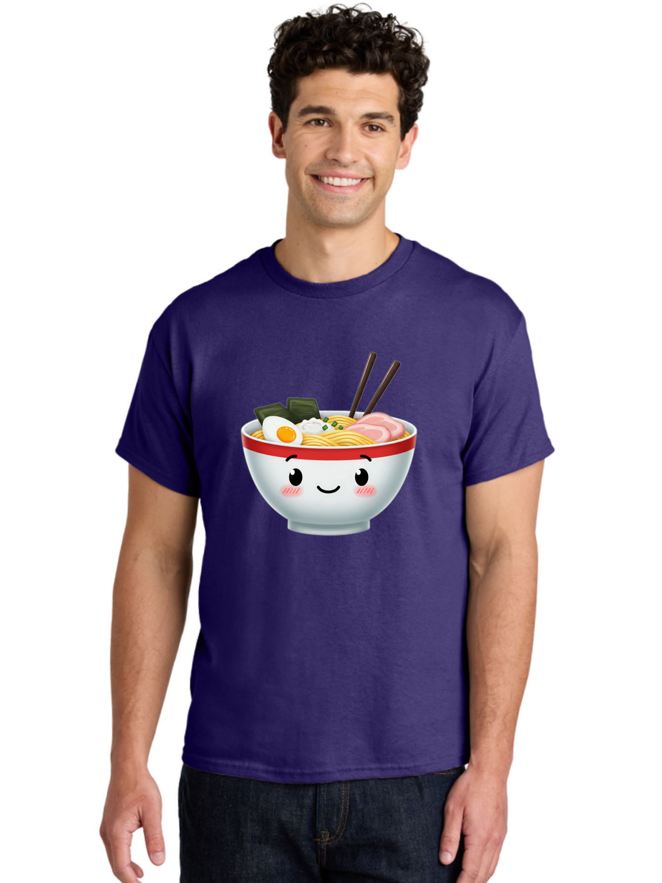 Ramen-Bowl-4 Men'S Graphic Tee, 100% Cotton, Comfortable Casual Summer Wear, Machine Washable, Japanese Ramen, Steaming Hot Noodles, Boiled Egg, Seaweed, Pork Slices, Chopsticks, Kawaii Cartoon, Foodie, Tasty Meal, Delicious Cuisine, Bae709