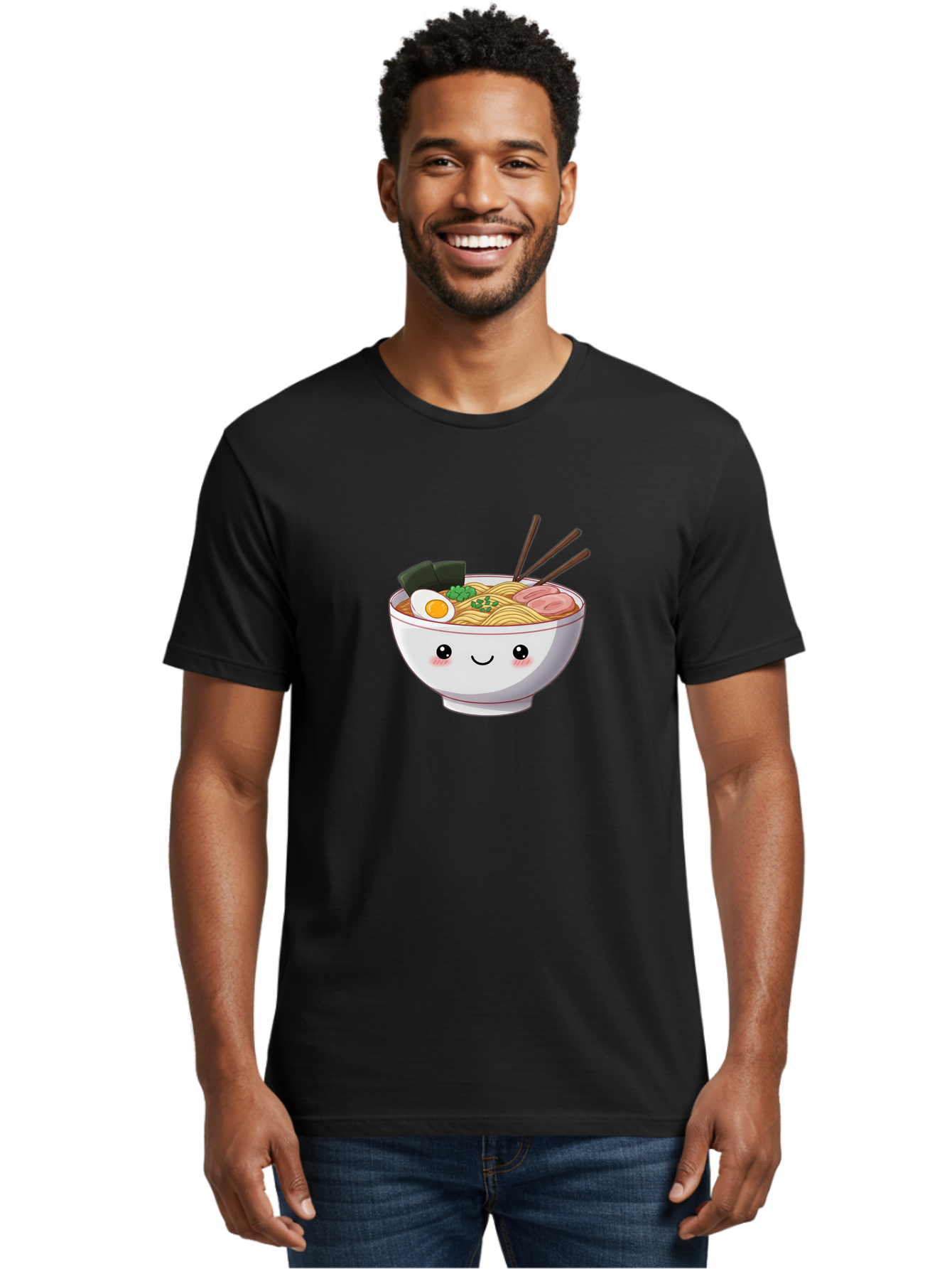 Ramen-Bowl Men'S Graphic Tee, 100% Cotton, Comfortable Casual Summer Wear, Machine Washable, Steaming Hot Ramen, Cartoon Noodle Bowl, Appetizing Meal, Kawaii Food, Delicious Japanese Cuisine, Smiling Bowl, Egg, Seaweed, Pork Slice, Chopsticks Bae713