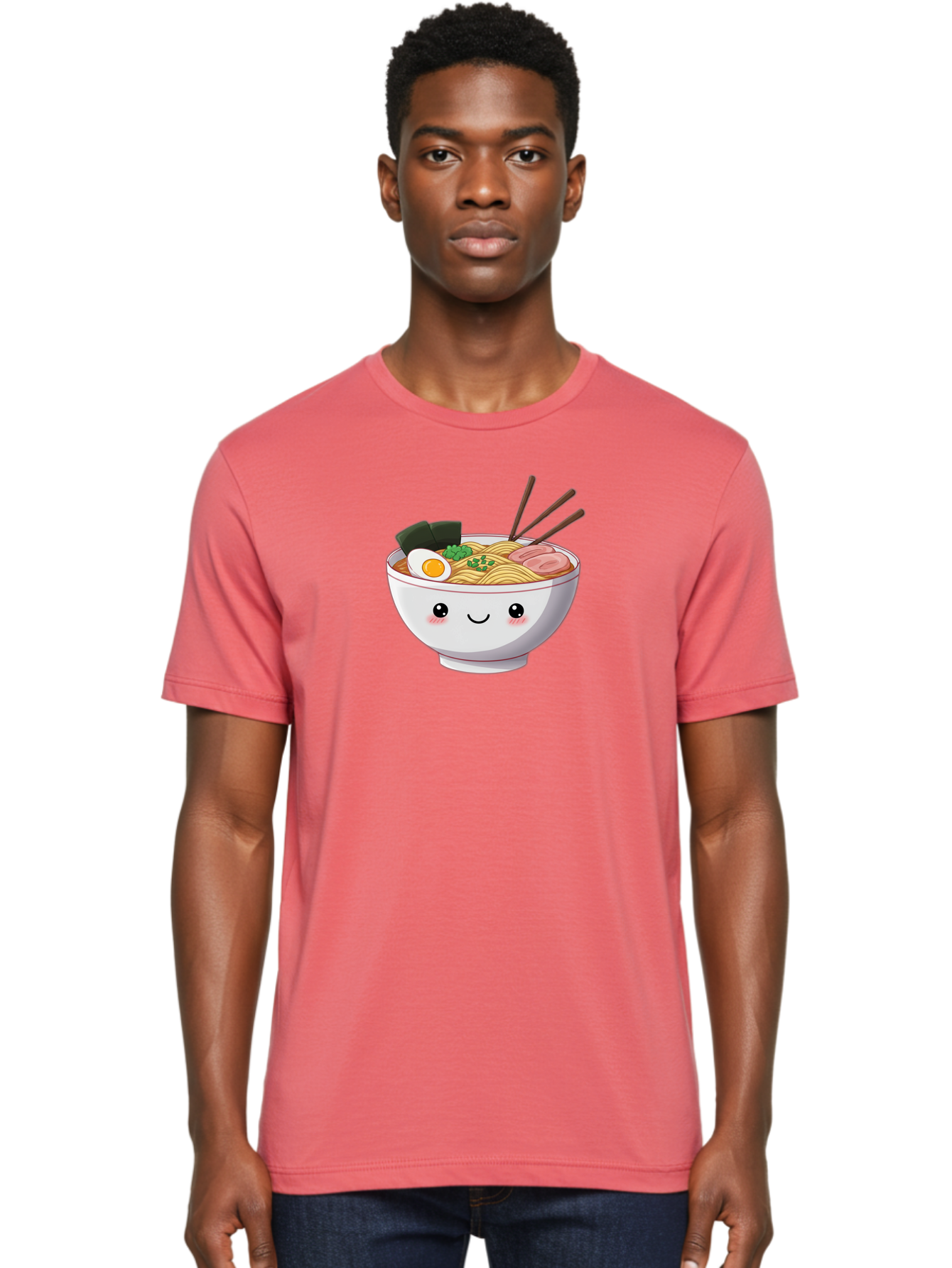 Ramen-Bowl Men'S Graphic Tee, 100% Cotton, Comfortable Casual Summer Wear, Machine Washable, Steaming Hot Ramen, Cartoon Noodle Bowl, Appetizing Meal, Kawaii Food, Delicious Japanese Cuisine, Smiling Bowl, Egg, Seaweed, Pork Slice, Chopsticks Bae713