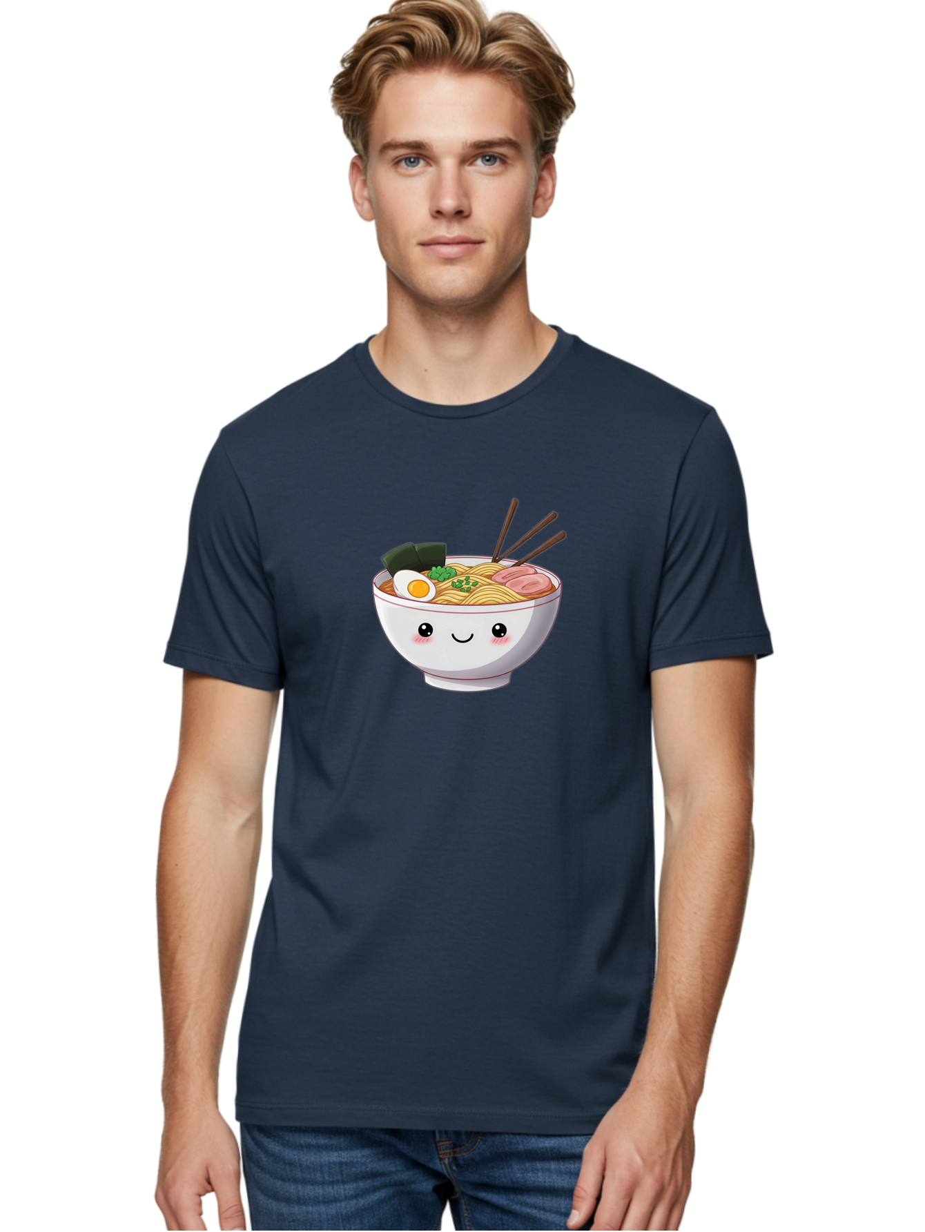 Ramen-Bowl Men'S Graphic Tee, 100% Cotton, Comfortable Casual Summer Wear, Machine Washable, Steaming Hot Ramen, Cartoon Noodle Bowl, Appetizing Meal, Kawaii Food, Delicious Japanese Cuisine, Smiling Bowl, Egg, Seaweed, Pork Slice, Chopsticks Bae713