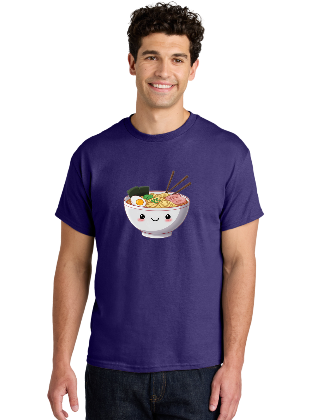 Ramen-Bowl Men'S Graphic Tee, 100% Cotton, Comfortable Casual Summer Wear, Machine Washable, Steaming Hot Ramen, Cartoon Noodle Bowl, Appetizing Meal, Kawaii Food, Delicious Japanese Cuisine, Smiling Bowl, Egg, Seaweed, Pork Slice, Chopsticks Bae713