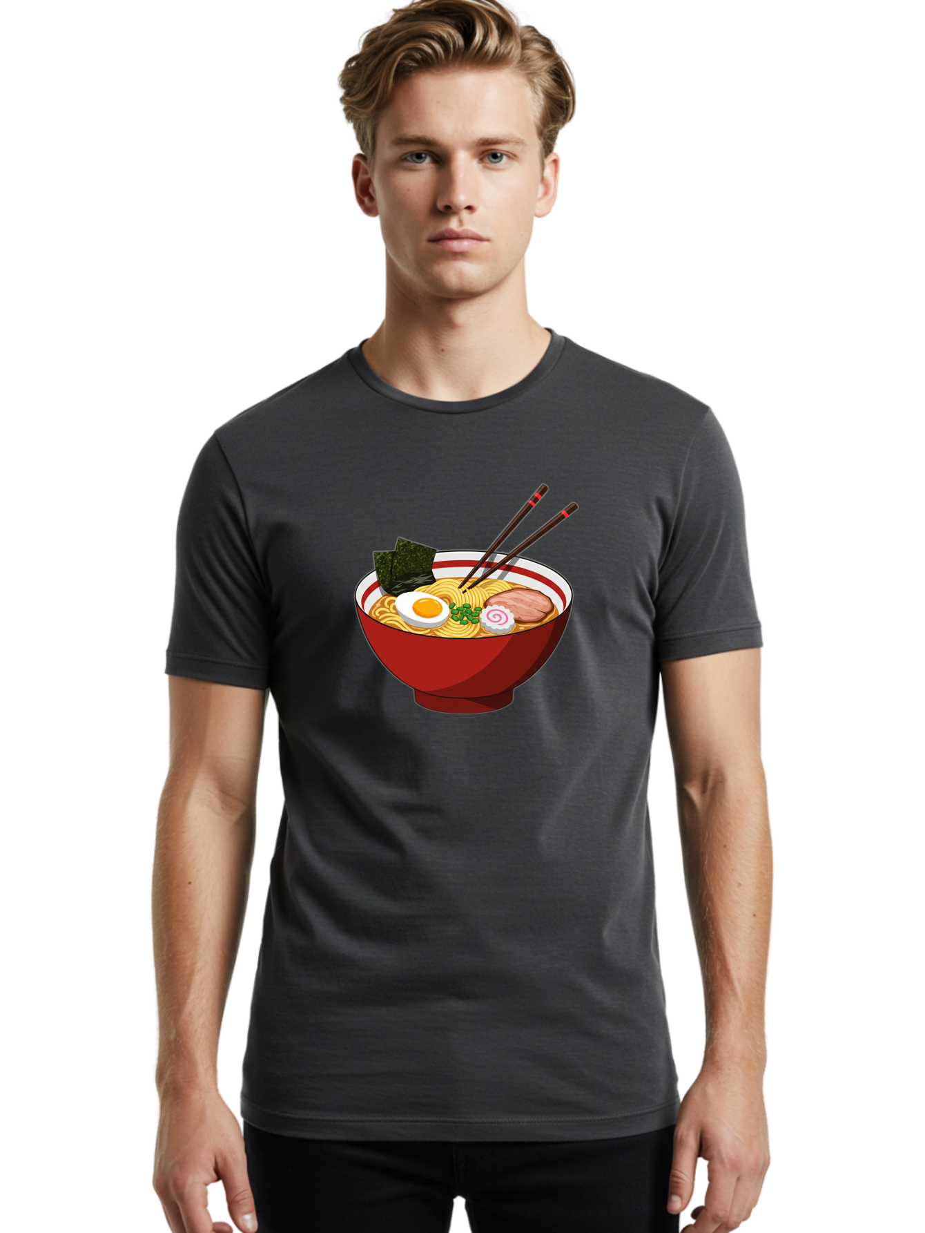 Ramen-Noodle-Bowl-2 Men'S Graphic Tee, 100% Cotton, Comfortable Casual Summer Wear, Machine Washable, Steaming Bowl Of Ramen, Japanese Noodle Soup, Boiled Egg, Sliced Pork, Seaweed, Green Onions, Chopsticks, Asian Cuisine, Noodle Dish, Bae715
