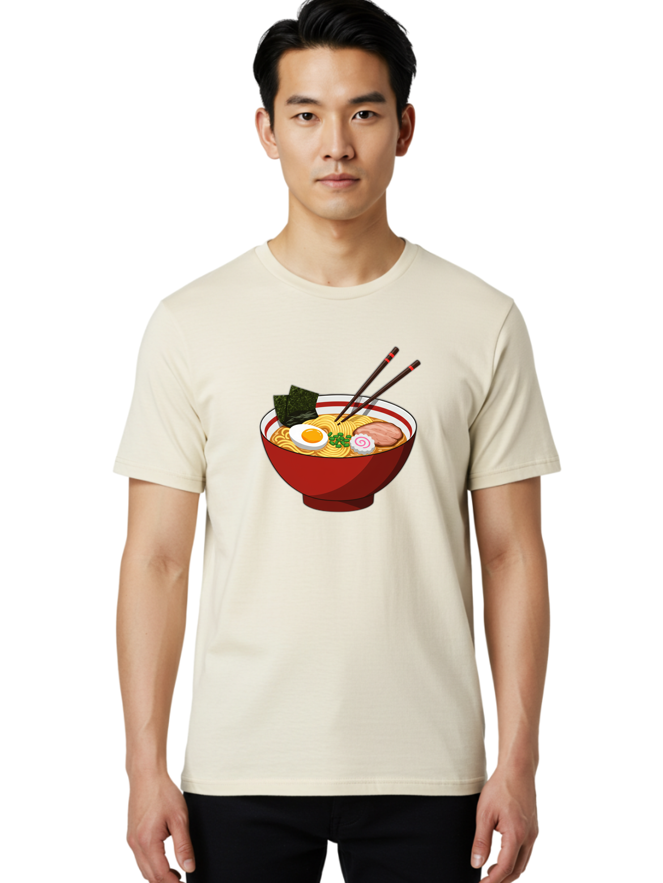 Ramen-Noodle-Bowl-2 Men'S Graphic Tee, 100% Cotton, Comfortable Casual Summer Wear, Machine Washable, Steaming Bowl Of Ramen, Japanese Noodle Soup, Boiled Egg, Sliced Pork, Seaweed, Green Onions, Chopsticks, Asian Cuisine, Noodle Dish, Bae715
