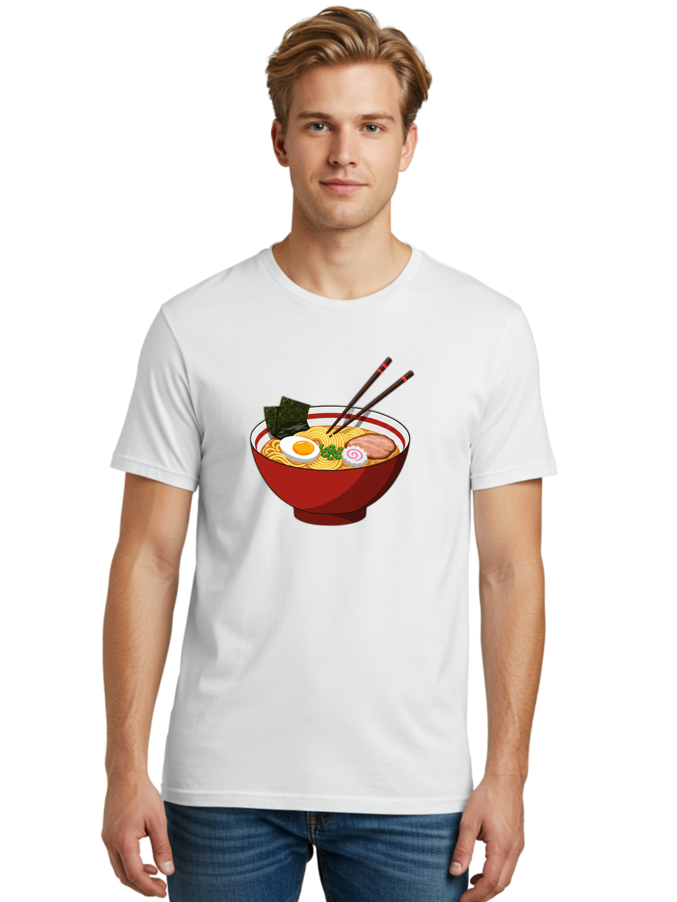 Ramen-Noodle-Bowl-2 Men'S Graphic Tee, 100% Cotton, Comfortable Casual Summer Wear, Machine Washable, Steaming Bowl Of Ramen, Japanese Noodle Soup, Boiled Egg, Sliced Pork, Seaweed, Green Onions, Chopsticks, Asian Cuisine, Noodle Dish, Bae715