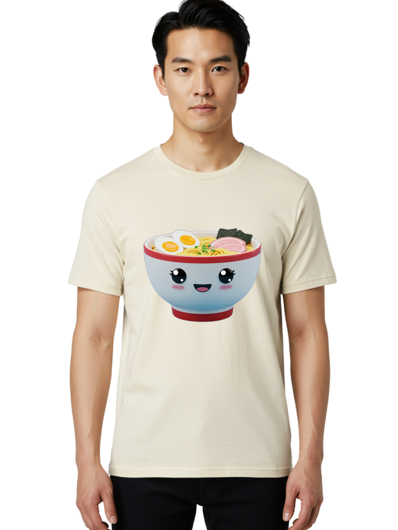 Ramen-Noodle-Bowl Men'S Graphic Tee, 100% Cotton, Comfortable Casual Summer Wear, Machine Washable, Kawaii Ramen Bowl, Cartoon Noodle Soup, Japanese Cuisine, Animated Food, Ramen Noodles, Boiled Egg, Seaweed, Sliced Ham, Cute Bowl, Bae716