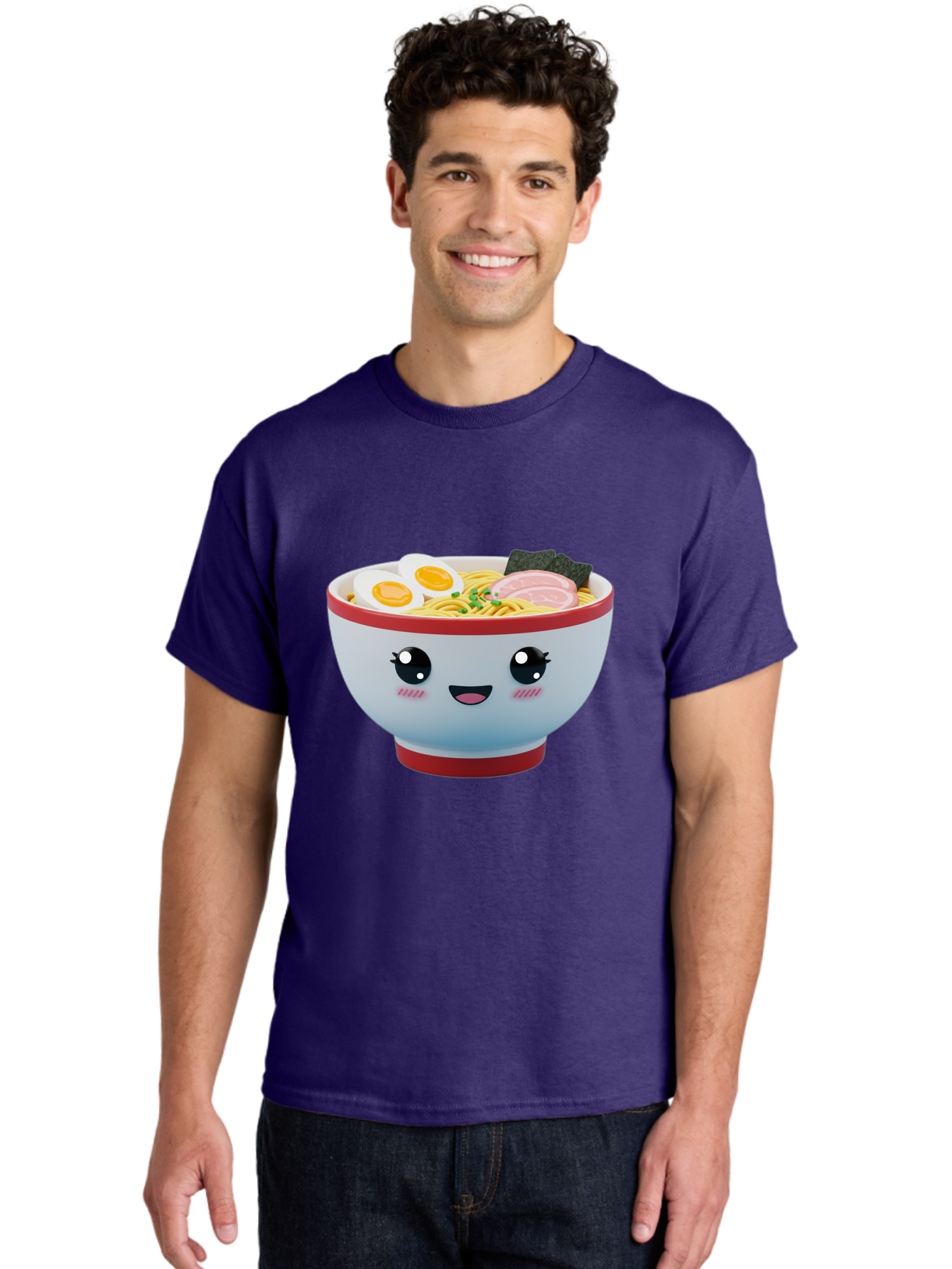 Ramen-Noodle-Bowl Men'S Graphic Tee, 100% Cotton, Comfortable Casual Summer Wear, Machine Washable, Kawaii Ramen Bowl, Cartoon Noodle Soup, Japanese Cuisine, Animated Food, Ramen Noodles, Boiled Egg, Seaweed, Sliced Ham, Cute Bowl, Bae716