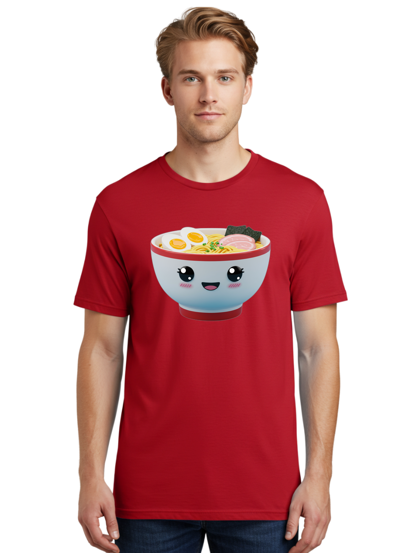 Ramen-Noodle-Bowl Men'S Graphic Tee, 100% Cotton, Comfortable Casual Summer Wear, Machine Washable, Kawaii Ramen Bowl, Cartoon Noodle Soup, Japanese Cuisine, Animated Food, Ramen Noodles, Boiled Egg, Seaweed, Sliced Ham, Cute Bowl, Bae716