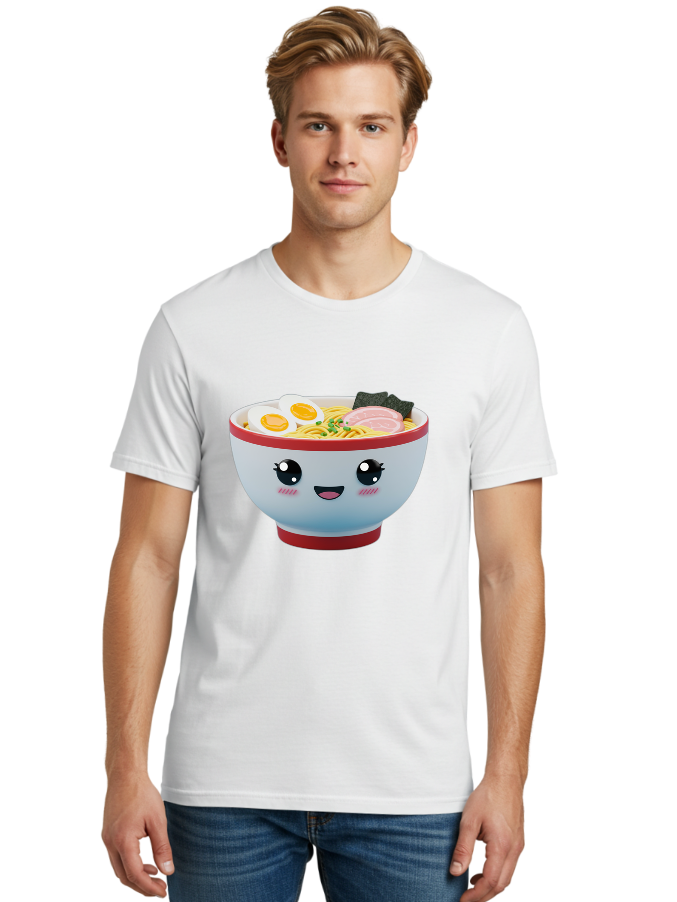 Ramen-Noodle-Bowl Men'S Graphic Tee, 100% Cotton, Comfortable Casual Summer Wear, Machine Washable, Kawaii Ramen Bowl, Cartoon Noodle Soup, Japanese Cuisine, Animated Food, Ramen Noodles, Boiled Egg, Seaweed, Sliced Ham, Cute Bowl, Bae716