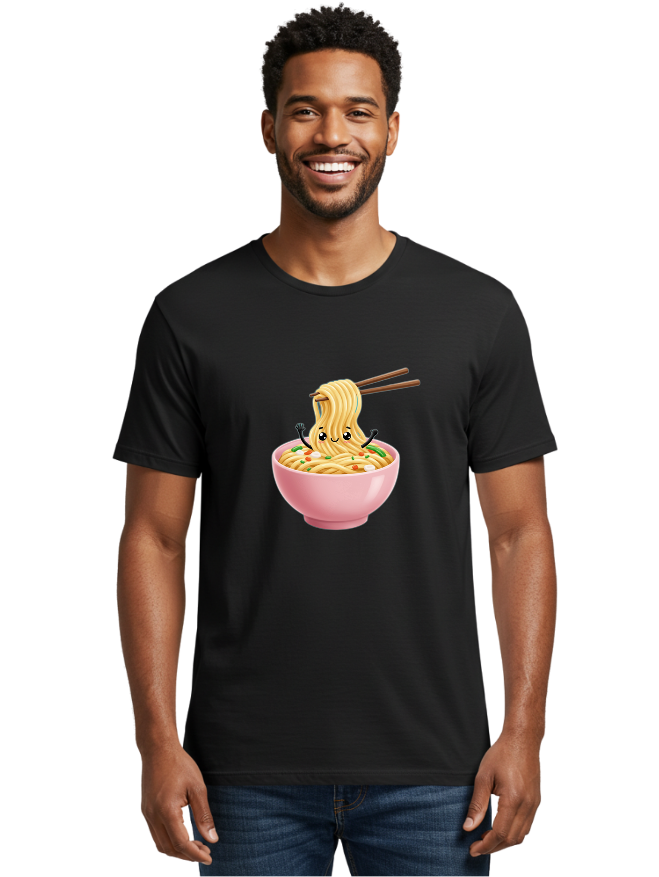 Ramen-Noodle-Character Men'S Graphic Tee, 100% Cotton, Comfortable Casual Summer Wear, Machine Washable, Cartoon Noodles, Ramen Noodles, Noodle Character, Kawaii Food, Cute Noodles, Asian Cuisine, Noodle Bowl, Tasty Noodles, Foodie Art, Bae717
