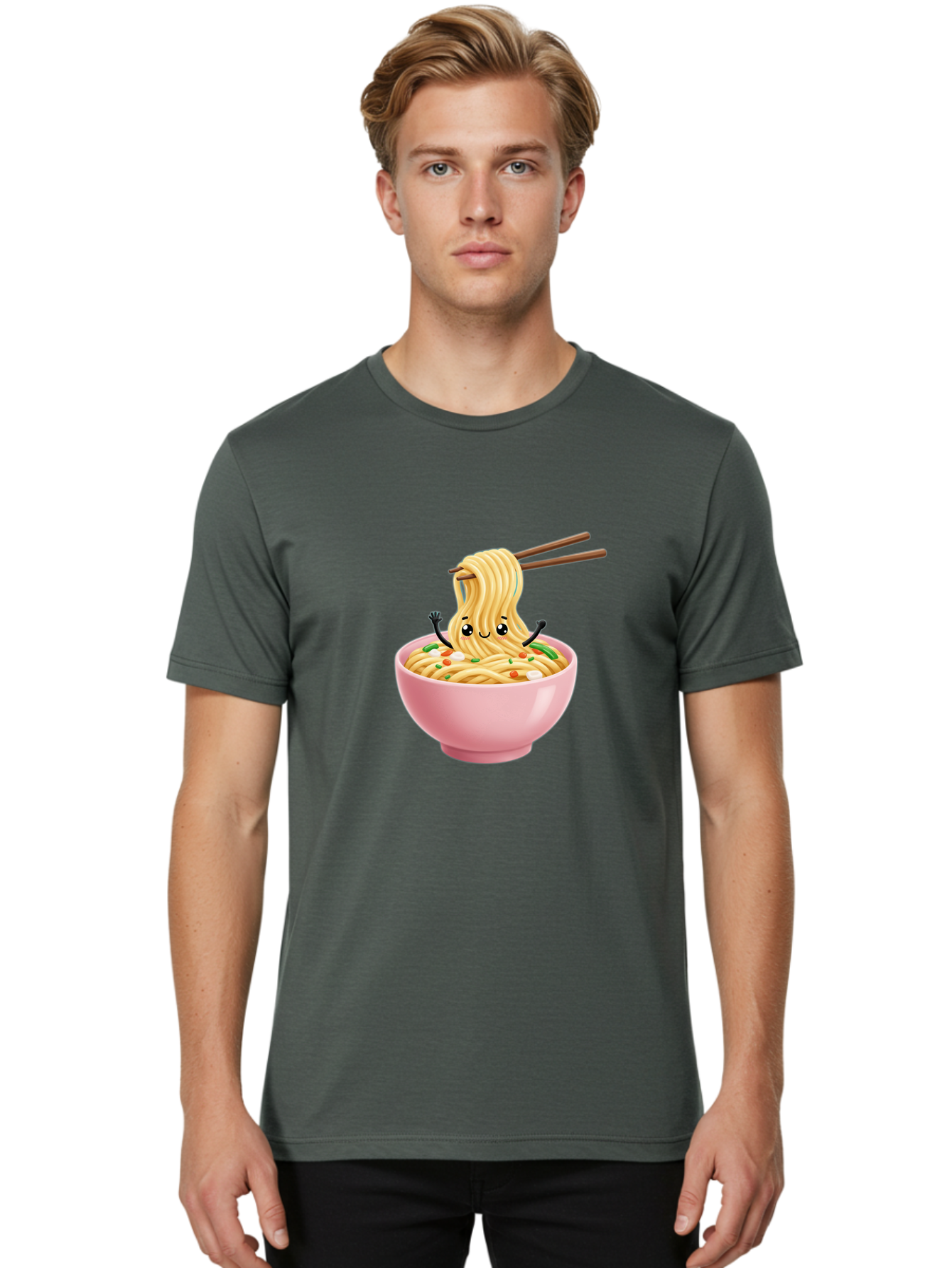 Ramen-Noodle-Character Men'S Graphic Tee, 100% Cotton, Comfortable Casual Summer Wear, Machine Washable, Cartoon Noodles, Ramen Noodles, Noodle Character, Kawaii Food, Cute Noodles, Asian Cuisine, Noodle Bowl, Tasty Noodles, Foodie Art, Bae717
