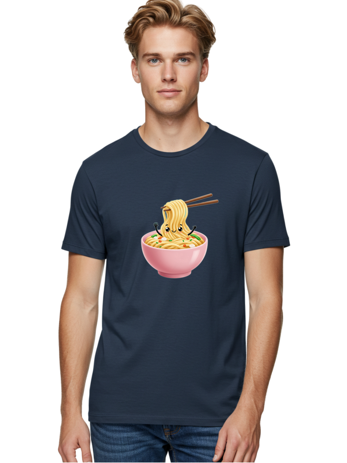 Ramen-Noodle-Character Men'S Graphic Tee, 100% Cotton, Comfortable Casual Summer Wear, Machine Washable, Cartoon Noodles, Ramen Noodles, Noodle Character, Kawaii Food, Cute Noodles, Asian Cuisine, Noodle Bowl, Tasty Noodles, Foodie Art, Bae717