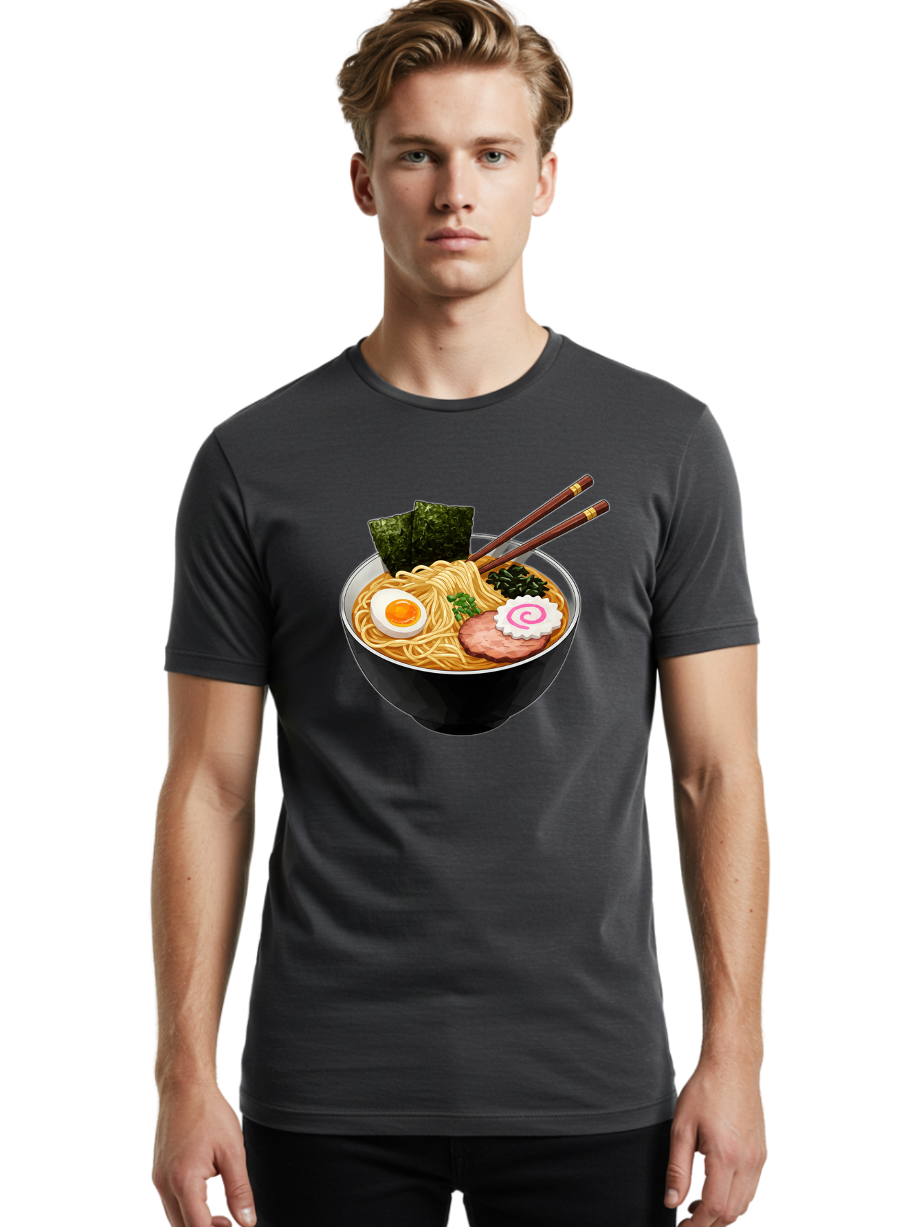 Ramen-Noodles-1 Men'S Graphic Tee, 100% Cotton, Comfortable Casual Summer Wear, Machine Washable, Bowl Of Ramen, Steaming Hot Noodles, Savory Broth, Boiled Egg, Sliced Pork, Seaweed, Green Onions, Fish Cake, Chopsticks, Asian Cuisine, Bae718