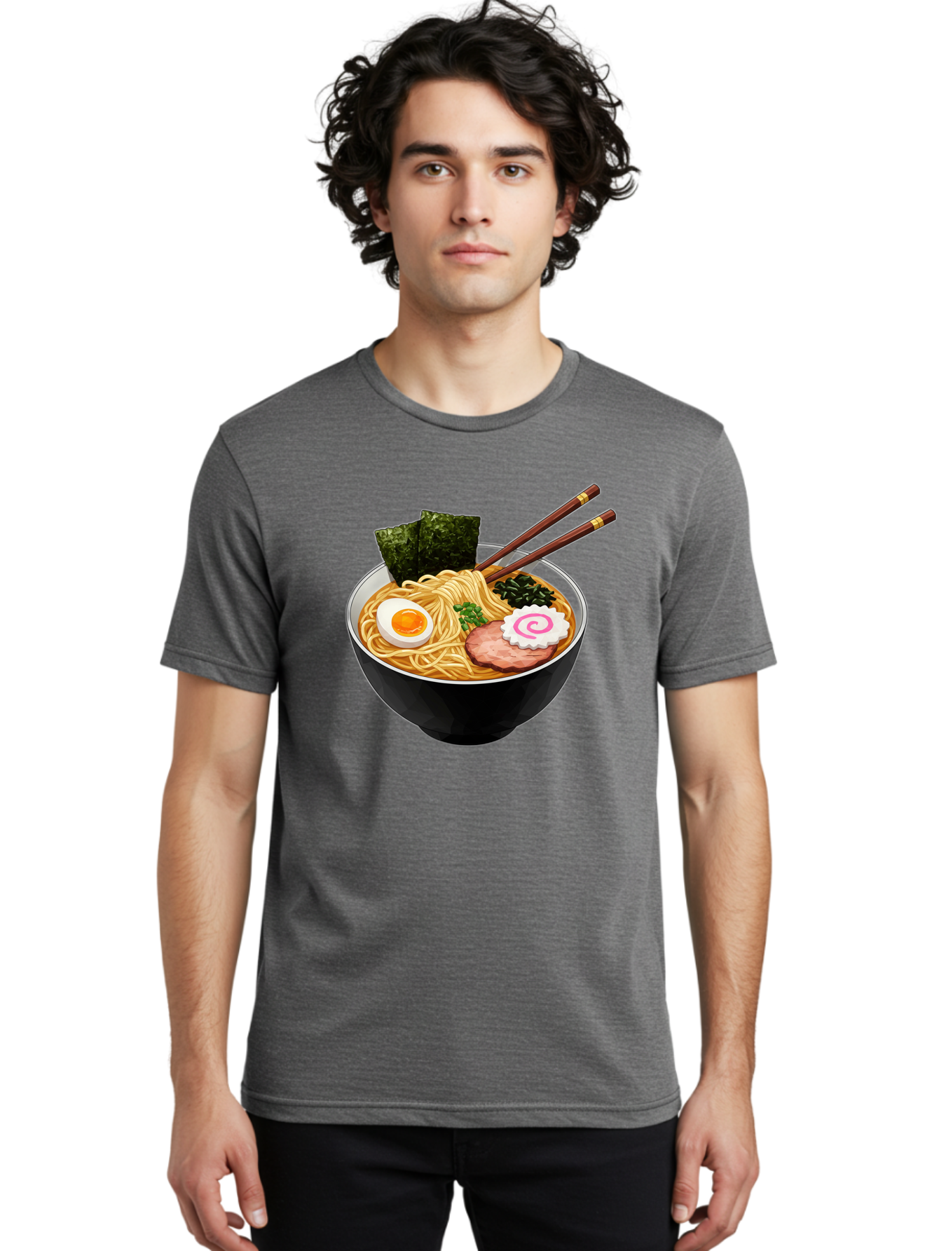 Ramen-Noodles-1 Men'S Graphic Tee, 100% Cotton, Comfortable Casual Summer Wear, Machine Washable, Bowl Of Ramen, Steaming Hot Noodles, Savory Broth, Boiled Egg, Sliced Pork, Seaweed, Green Onions, Fish Cake, Chopsticks, Asian Cuisine, Bae718