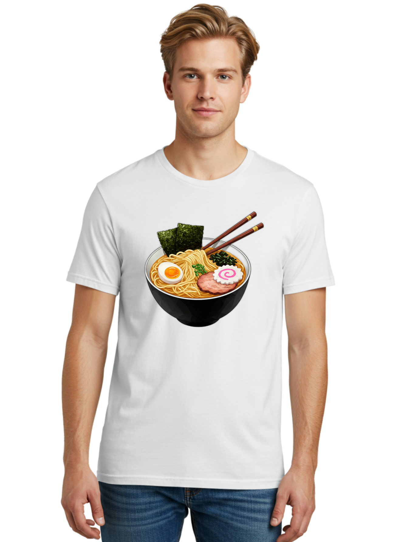 Ramen-Noodles-1 Men'S Graphic Tee, 100% Cotton, Comfortable Casual Summer Wear, Machine Washable, Bowl Of Ramen, Steaming Hot Noodles, Savory Broth, Boiled Egg, Sliced Pork, Seaweed, Green Onions, Fish Cake, Chopsticks, Asian Cuisine, Bae718